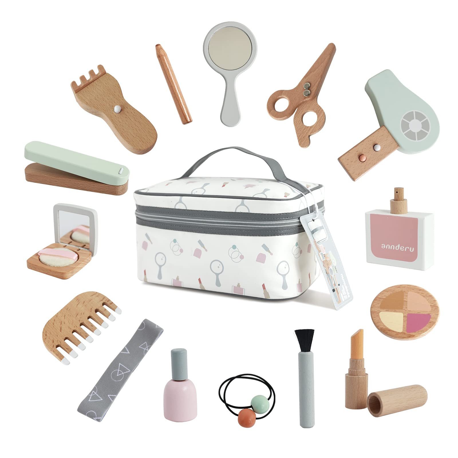 Lzbargon Spielzeug-Frisierkoffer Holzschminke Spielset Set,Kinderschminke für Friseur Set Spielzeug, Friseurkoffer Haarstyling Zubehör Makeup Spielzeug Für 3 Jahre Alte