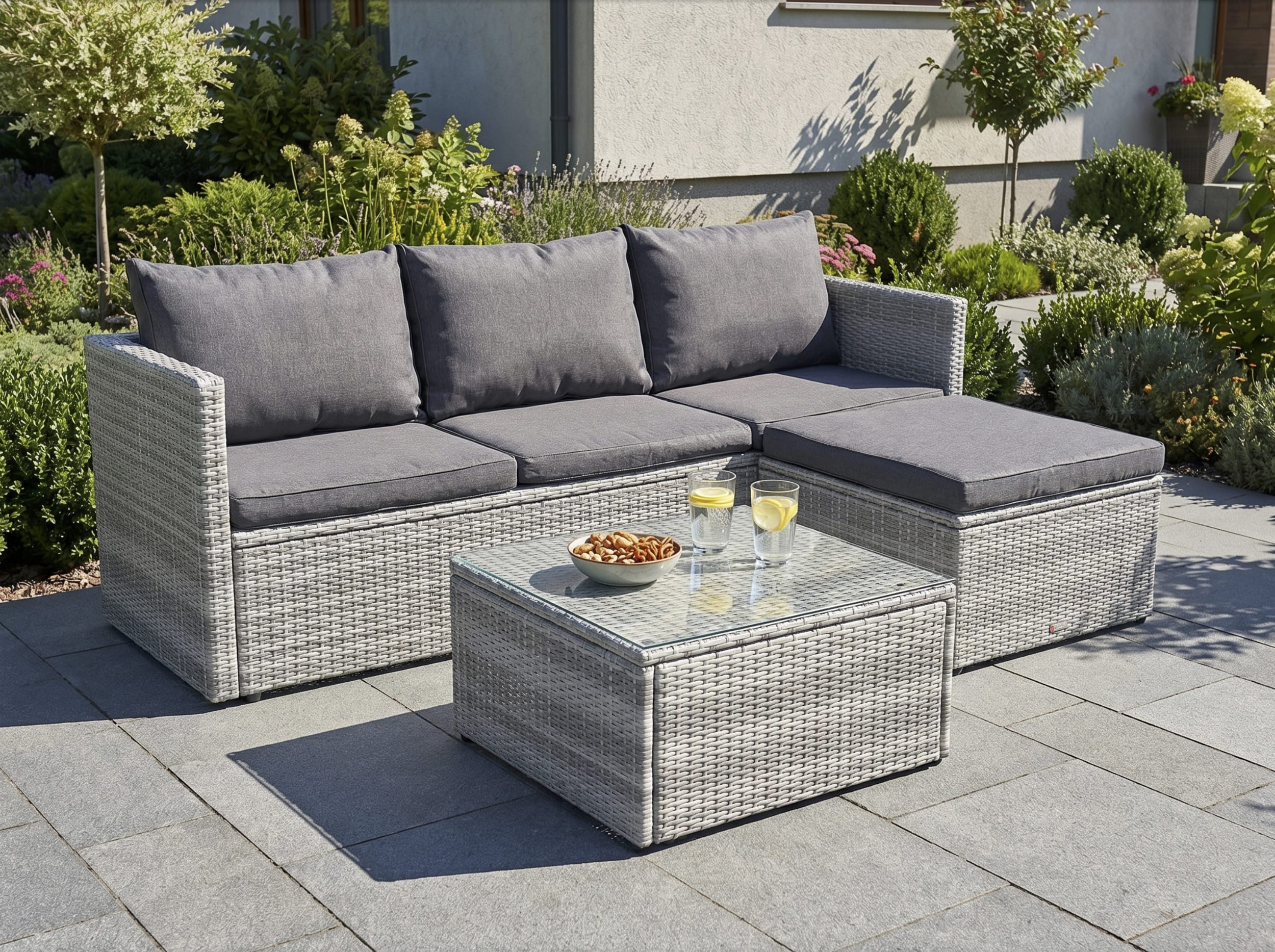 LC Garden Eckbankgruppe »Loungino« Gartenset Lounge mit Tisch + Hocker Gartenlounge Balkonset