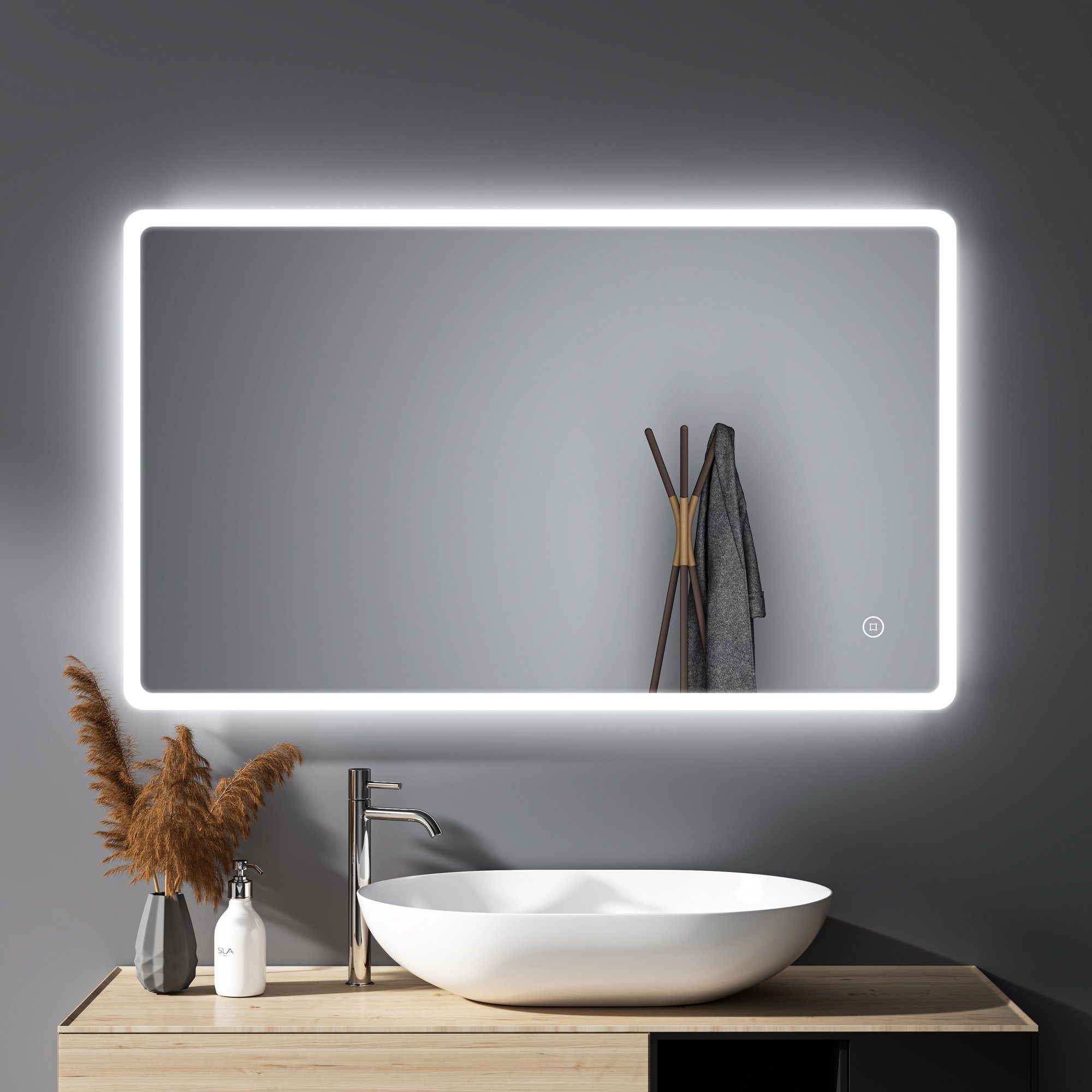WDWRITTI Spiegel Bad groß 100x60 Badspiegel Led mit Beleuchtung Touch Wandschalter (wandspiegel groß, Helligkeit dimmbar, Speicherfunktion), 3000/4000/6500K, Vertikal Horizontal, IP44