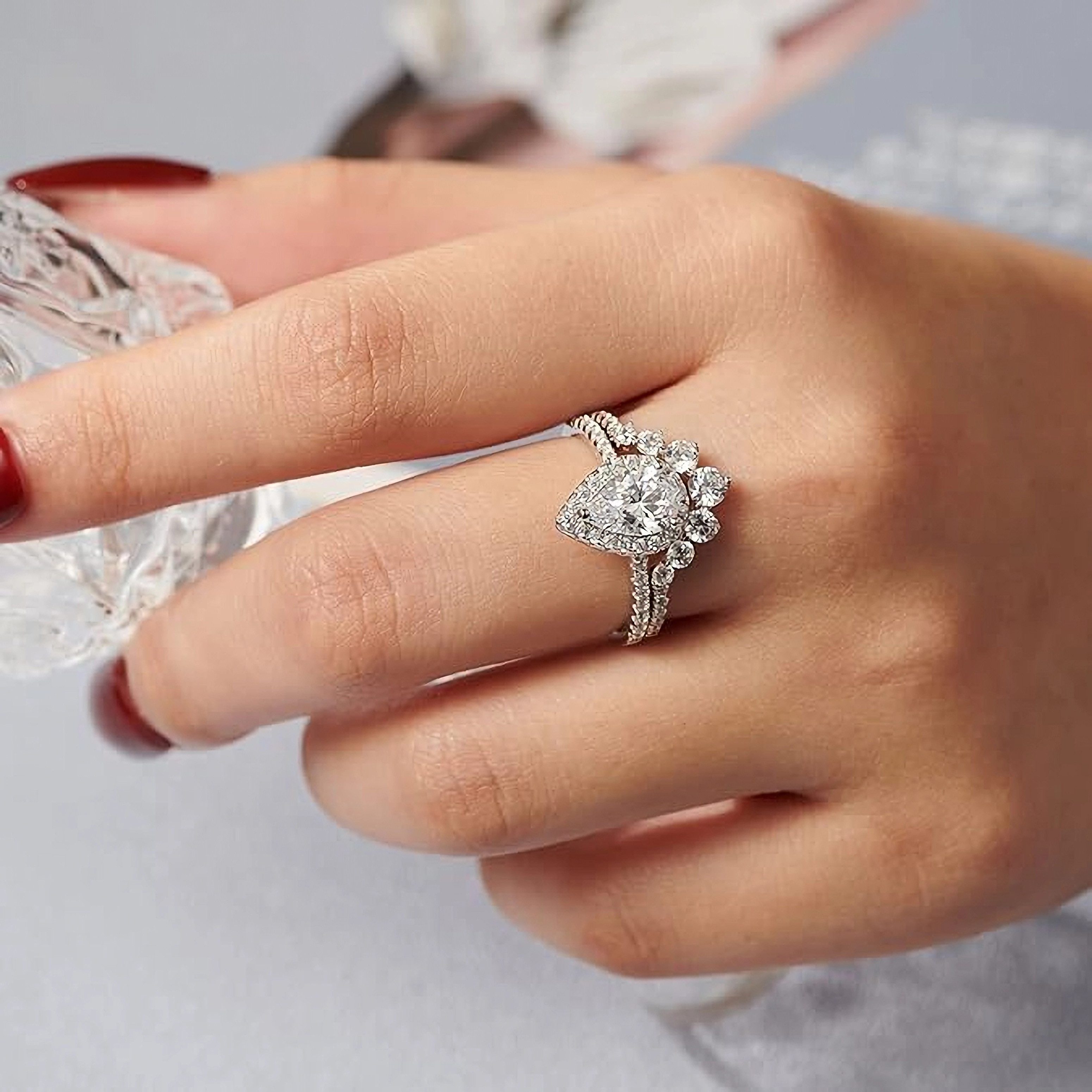 Jumpeak Verlobungsring Brautring mit 2ct Tränendiamant Labordiamant Halo Pavé Design als, 14K Gold stapelbarer Doppelring, perfekt als Hochzeitsgeschenk für Sie