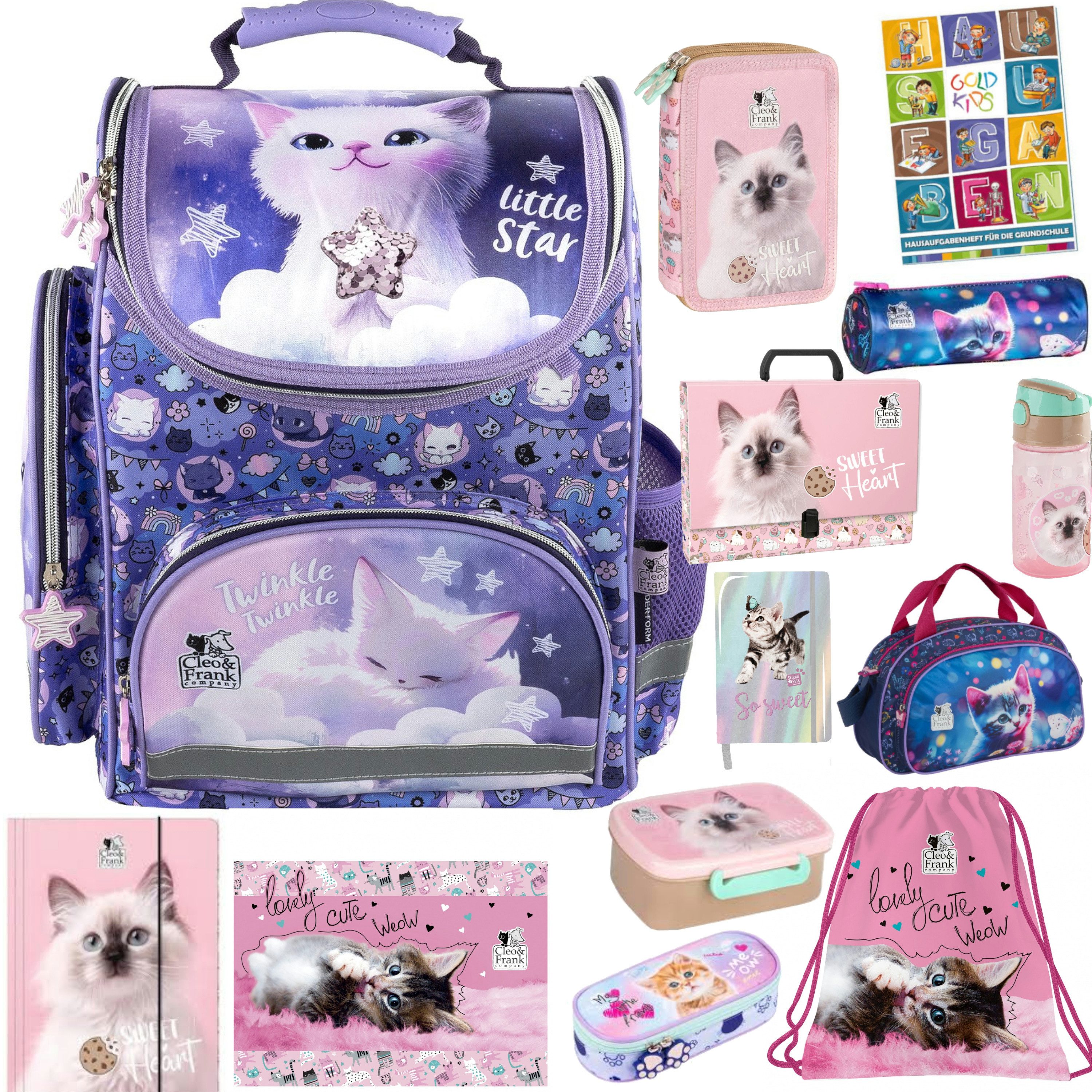 GOLDKIDS Schulranzen für Mädchen, 13er-Set - (Schul-Rucksack für Kinder mit Federmäppchen, 1-tlg., - Schuhbeutel Trinkflasche und Brotdose), - Katze Motiv- 1-3 Klasse