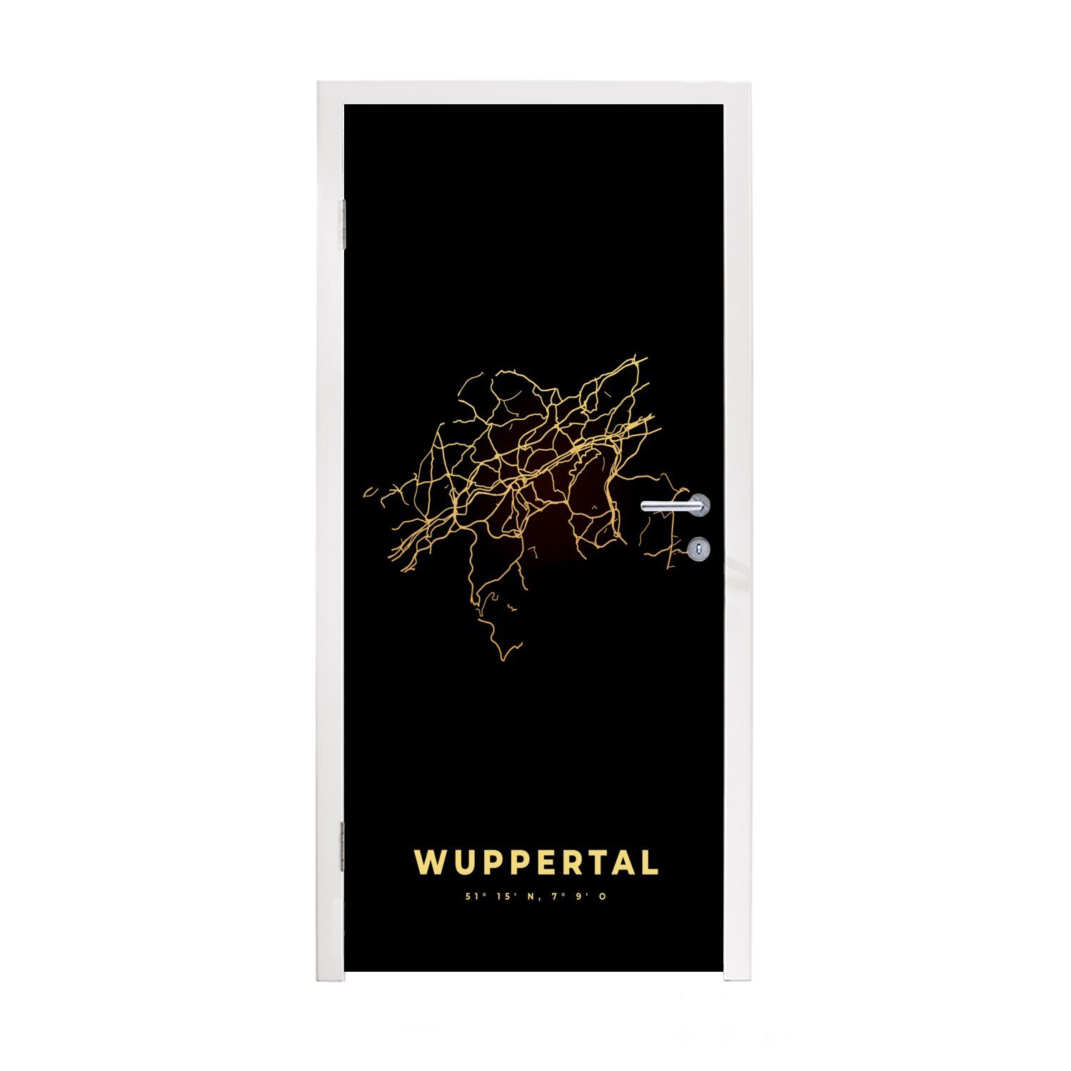 MuchoWow Türtapete Karte - Gold - Wuppertal - Stadtplan - Karte, Matt, bedruckt, (1 St), Fototapete für Tür, Türaufkleber, 75x205 cm