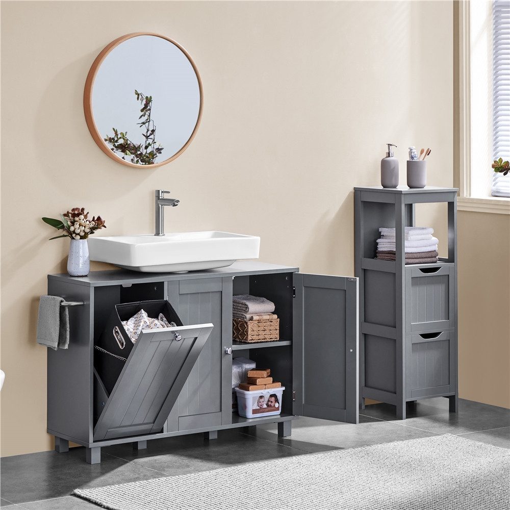 Yaheetech Waschbeckenunterschrank Badunterschrank mit 3 Türen und Verstellbarem Einlegeboden 90 cm L × 30 cm B × 62,5 cm H Unterschrank mit Integriertem Wäschek – Bild 3 von 5