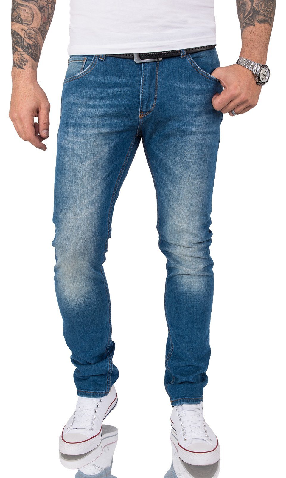 Gelverie Slim-fit-Jeans Herren Jeans Stonewashed Blau günstig online kaufen