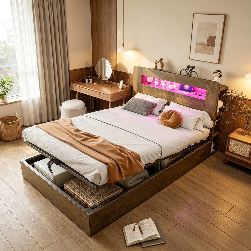 MODFU Funktionsbett mit LED-Kopfteil, praktischen Staufächern, Stauraumbett (integrierten Steckdosen und hydraulischem Hubsystem), ohne Matratze