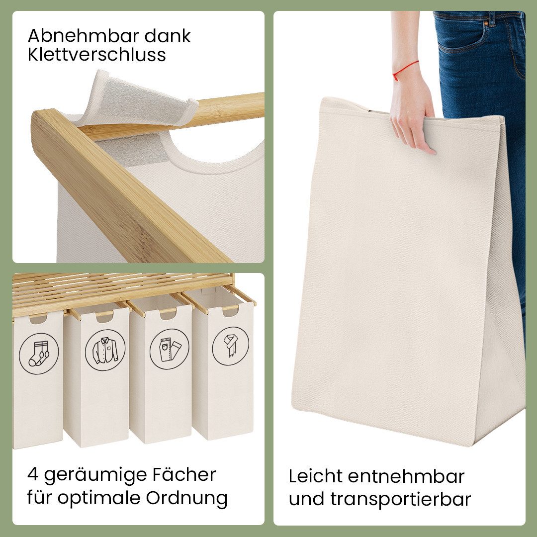Bellamio Wäschekorb Newa aus Bambus (4 Fächer mit 2 Ablagen, Beige 200 L), ausziehbare & abnehmbare Wäschesäcke aus Oxford-Gewebe – Bild 3 von 5