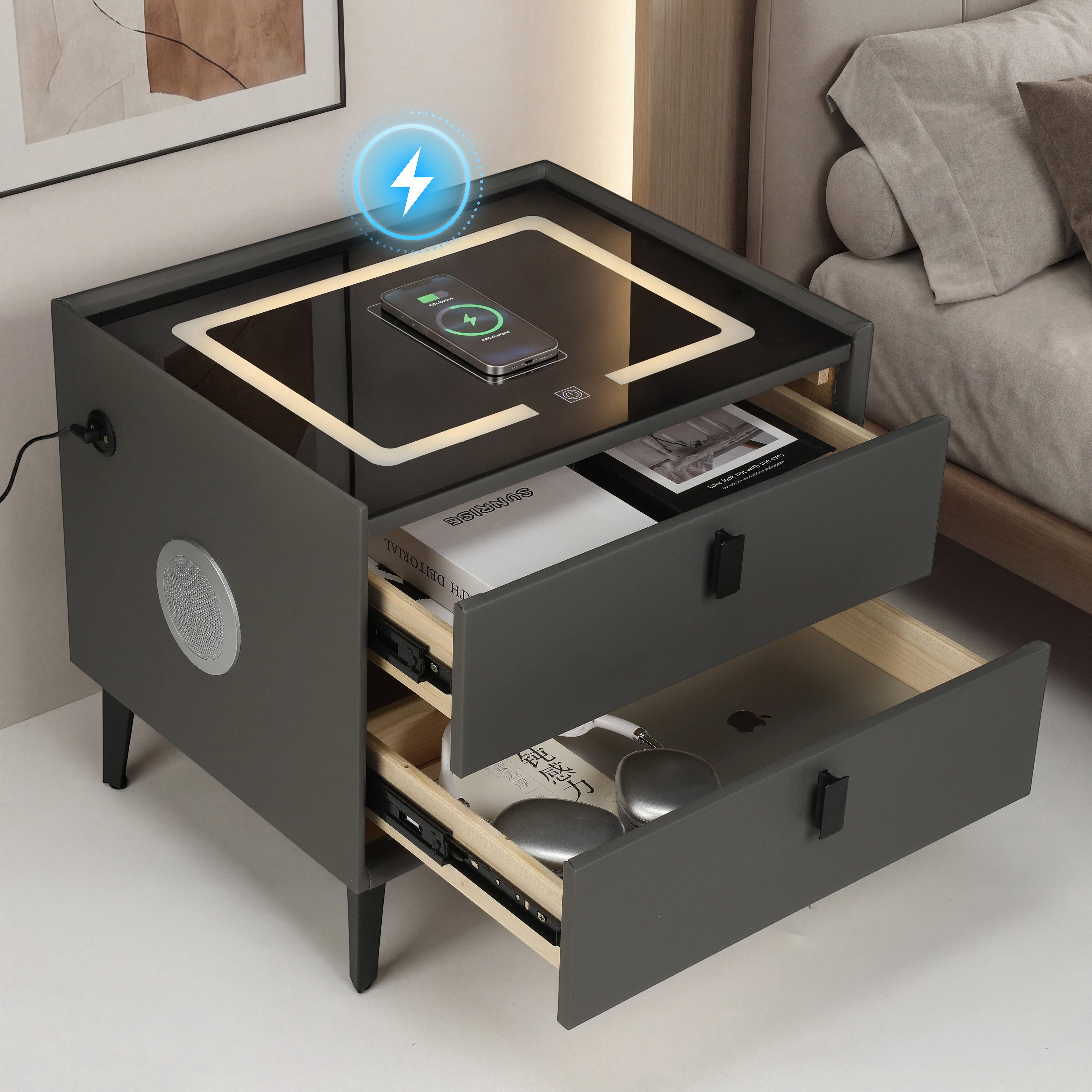oyajia Nachttisch Nachtschrank mit Bluetooth-Lautsprecher & Kabelloser Ladefunktion (Touch-Bedienung, Elegantes Spiegel-Design), Modern Hochglanz Nachtschrank mit 2 Schubladen