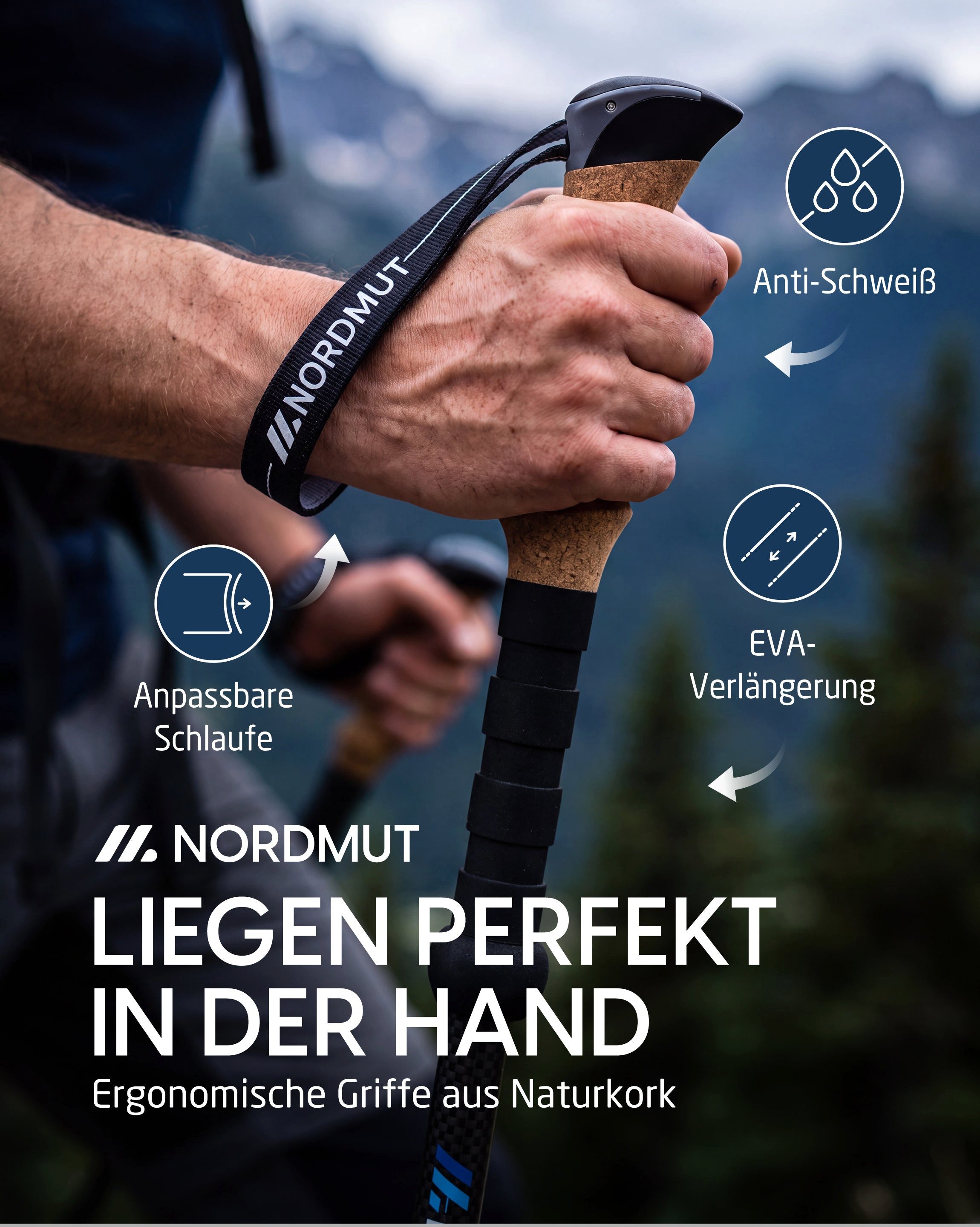 Nordmut Wanderstöcke Teleskop Trekkingstöcke, Nordic Walking Stöcke, Korkgriff, 65–135 cm (Set, 2 St., mit Tasche, Gummipuffern, Schnee- und Matschtellern), ult – Bild 5 von 5