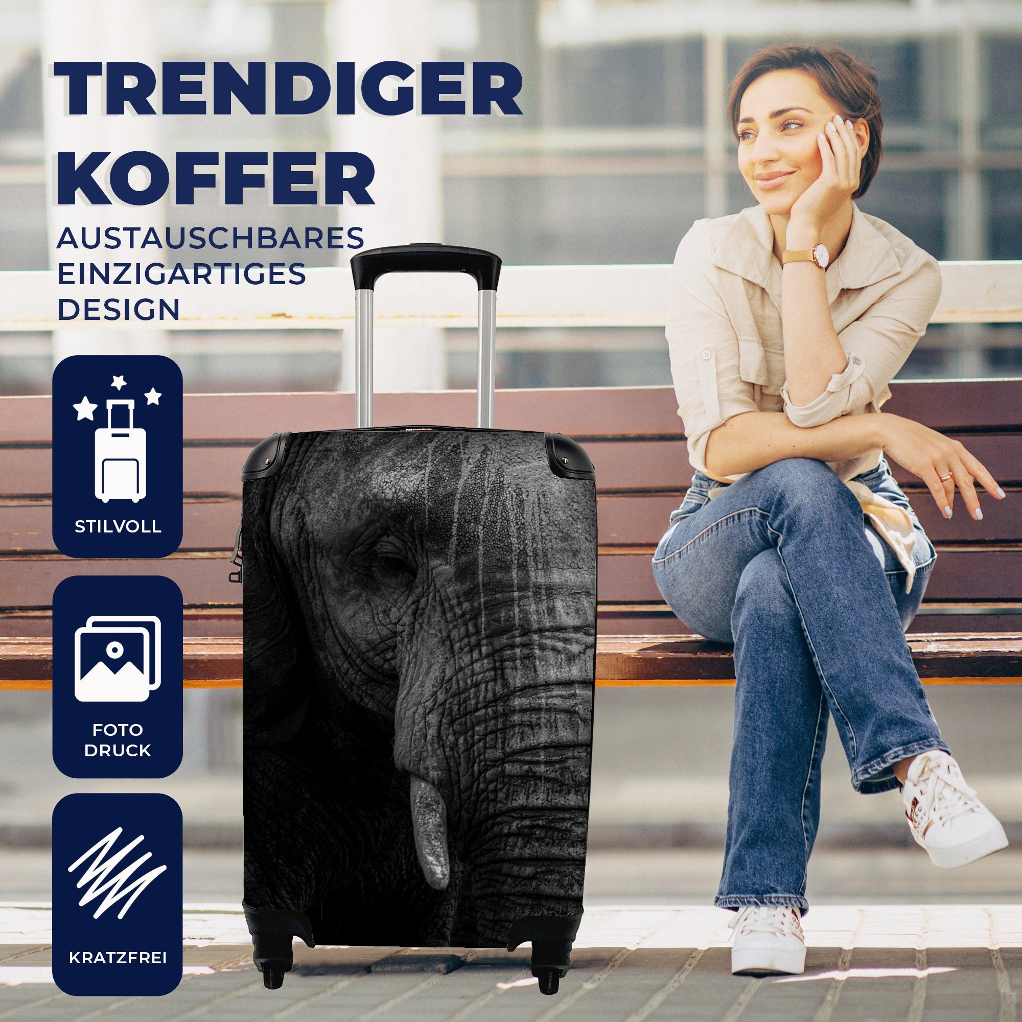 Rollen, Elefant rollen, mit Trolley, Porträt, Tier für Reisetasche Handgepäckkoffer Handgepäck Reisekoffer - MuchoWow - 4 Ferien,