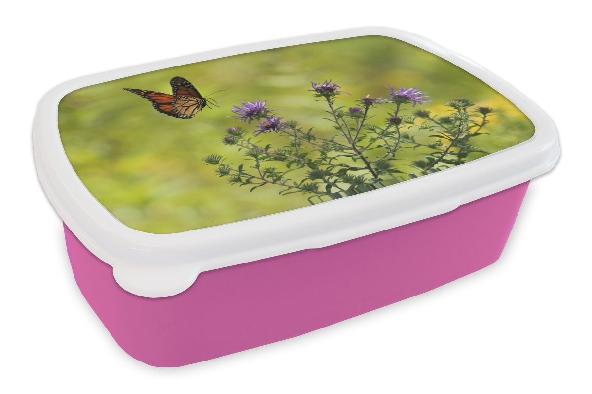 MuchoWow Lunchbox Blumen - Schmetterling - Strauch, Kunststoff, (2-tlg), Brotbox für Erwachsene, Brotdose Kinder, Snackbox, Mädchen, Kunststoff rosa