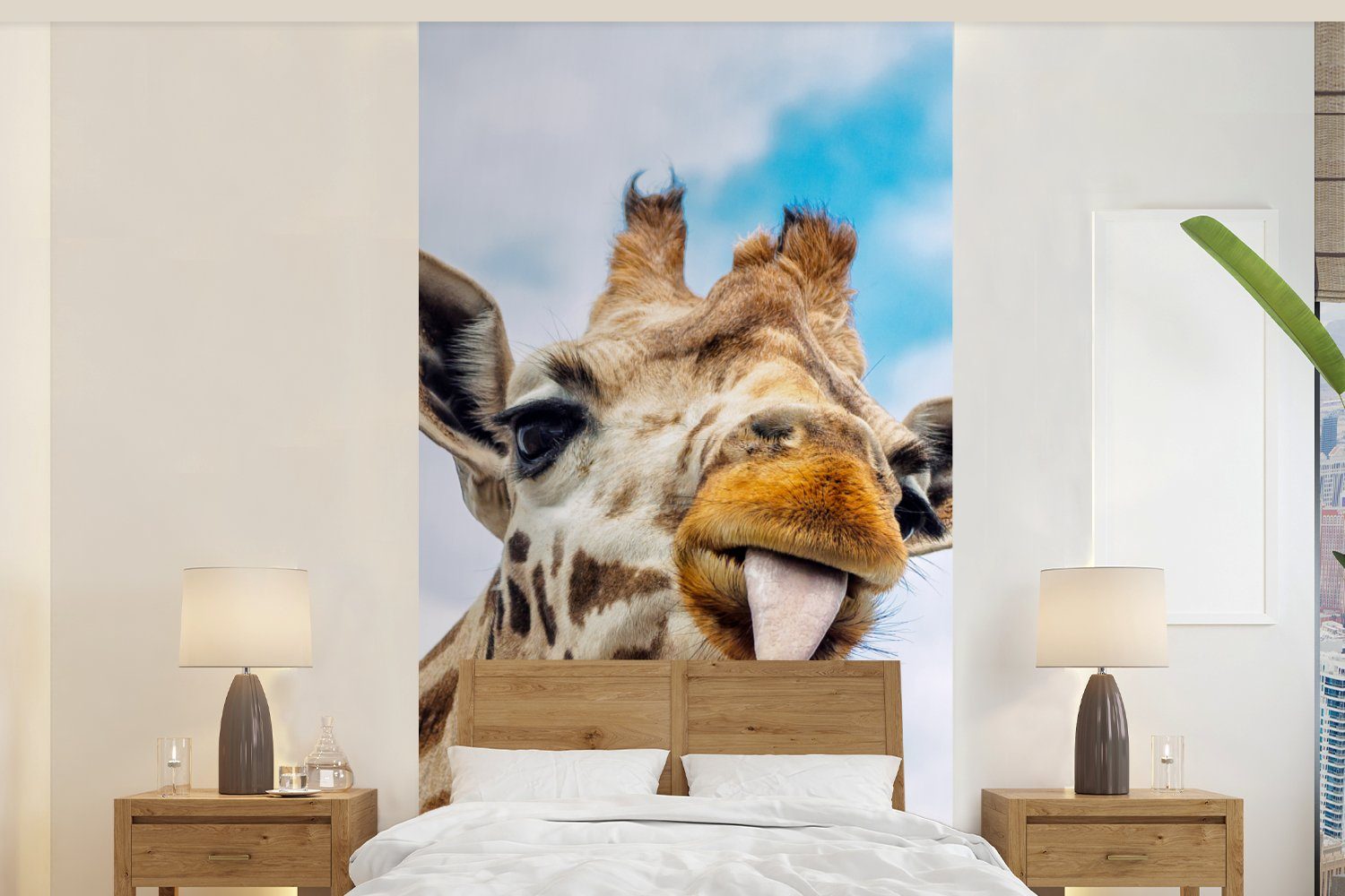 MuchoWow Fototapete Giraffe - Lustig - Zunge - Kinder - Jungen - Mädchen - Kind, Matt, bedruckt, (2 St), Vliestapete für Wohnzimmer Schlafzimmer Küche, Fototapete