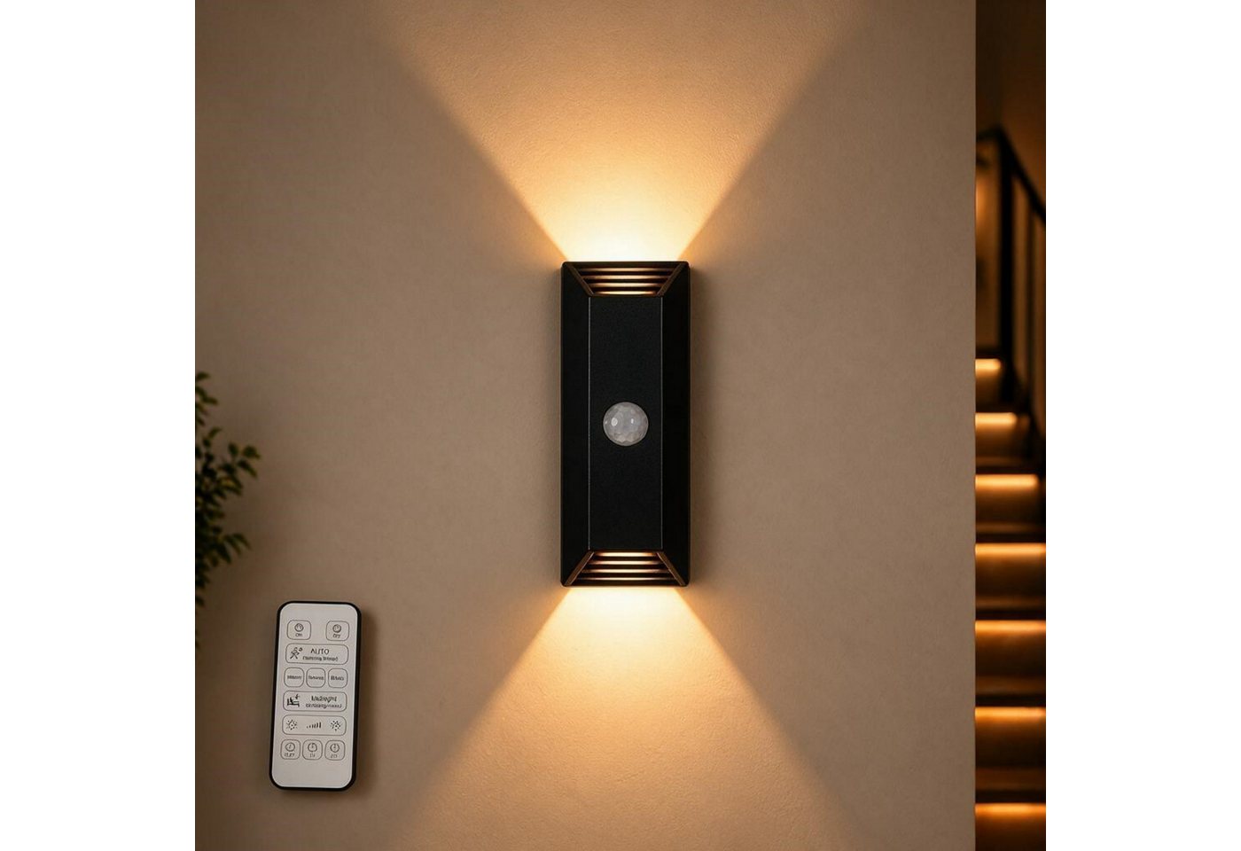 Vornix Wandstrahler Akku Wandleuchte Innen mit Bewegungssensor, 4000mAh Akku Wandlampe mit Fernbedienung, 3 Farben, Timer-Funktion, Wandlicht Up and Down, Aufladbare LED Wandleuchte für Treppe, Flur (1 Stück)