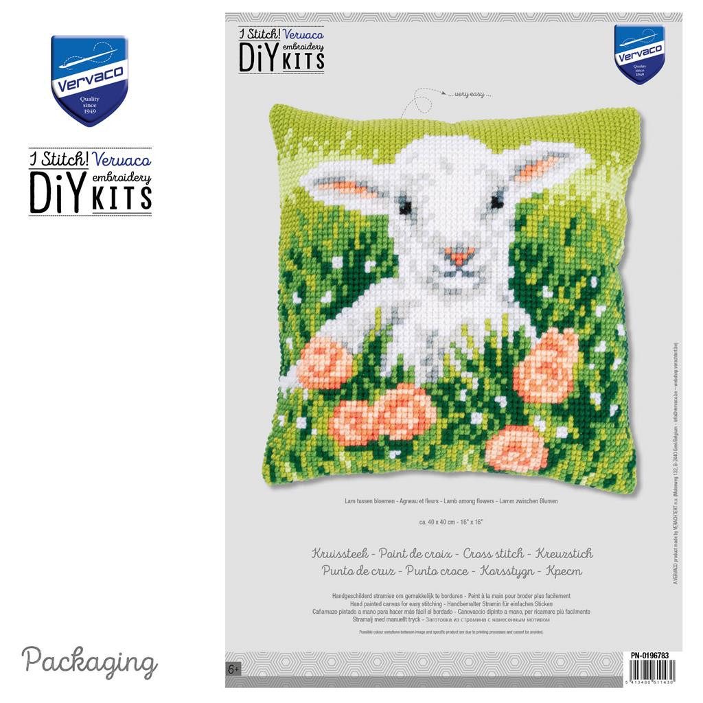 Vervaco Kreativset Kreuzstich-Kissen-Set Lamm zwischen Blumen - Stickbild vorgezeichnet, (Set, Vervaco embroidery Kit), Made in Europe