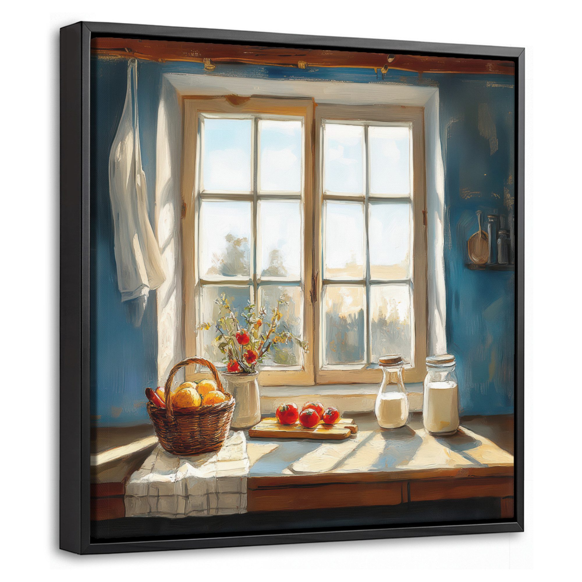 OneMillionCanvasses® Leinwandbild mit Rahmen - Stillleben - Küche - Fensterblick - Fenster - Vintage, Fotodruck (1 St), Leinwand Bilder Klein, Wand Dekoration Aesthetic 20x20cm