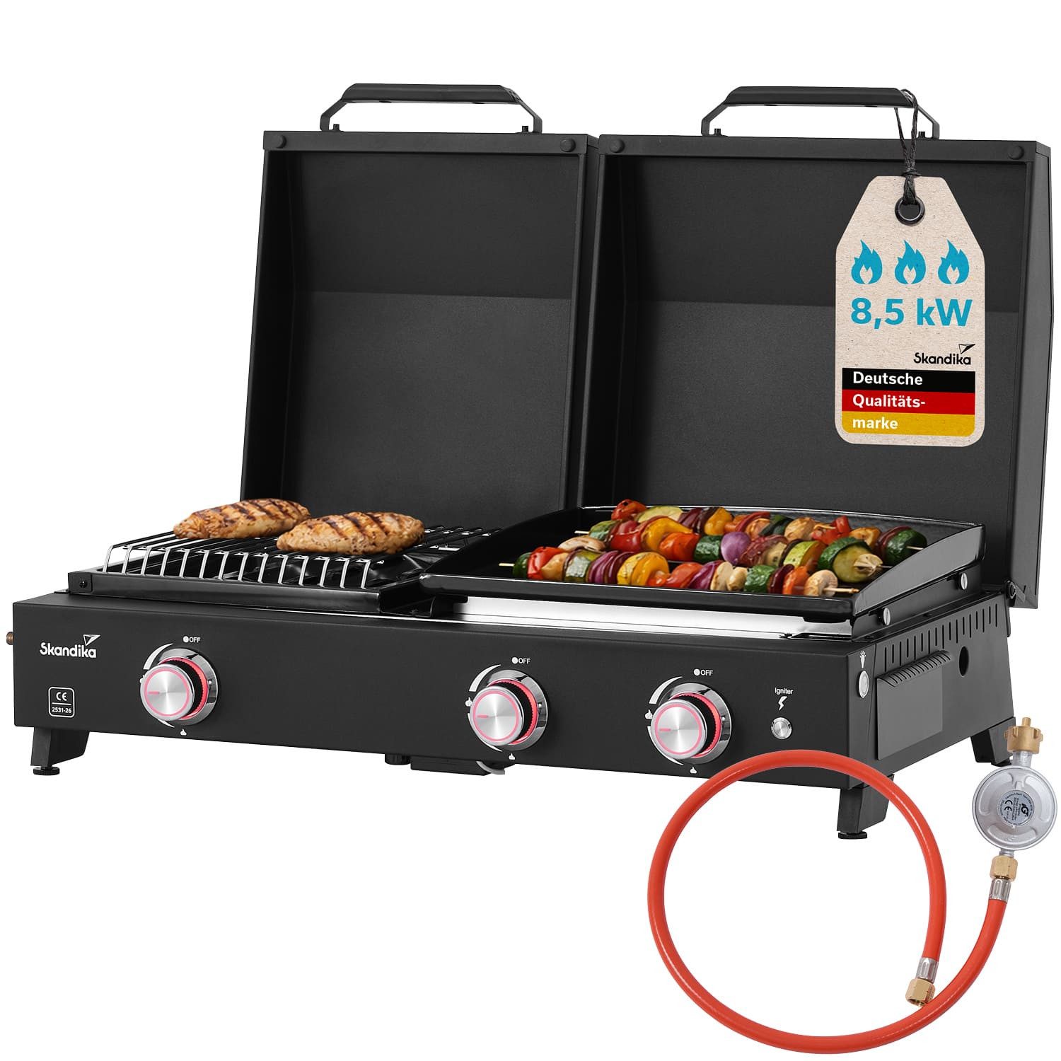 Skandika Gaskocher Plancha Grill Eldur 3-Brenner Plus, Deckel und Topfträger inklusive, (Dimensionen 83×50×25cm, Fettabtropfschale unter der Platte), tragbarer Gasgrill mit Kochplatte, Elektrische Pulszündung