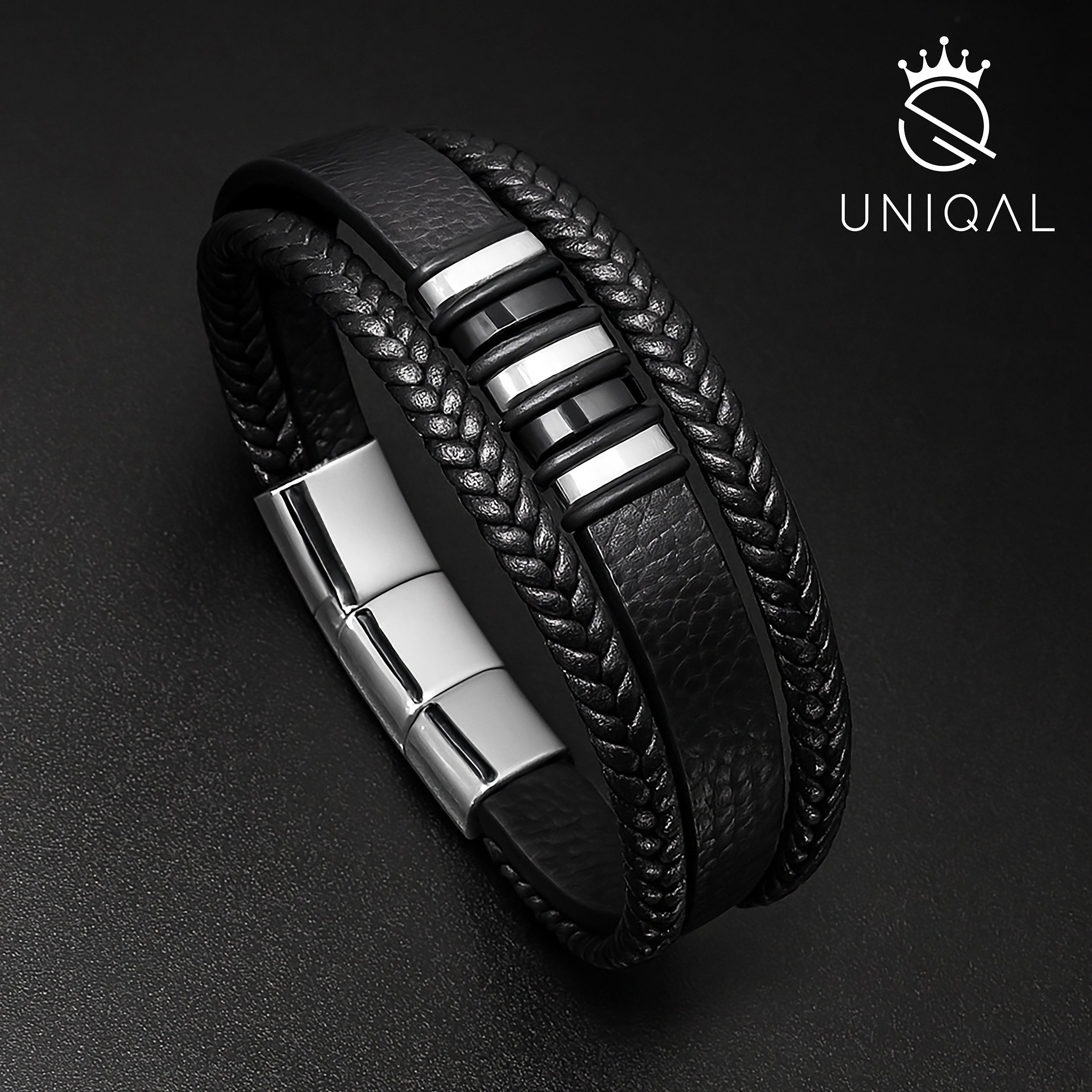 UNIQAL.de Lederarmband VORTEX EDITION – Echtleder, Edelstahl & sicherer Magnetverschluss (Maskuline Linienführung, glänzende Details und anpassbare Größe für je – Bild 4 von 5