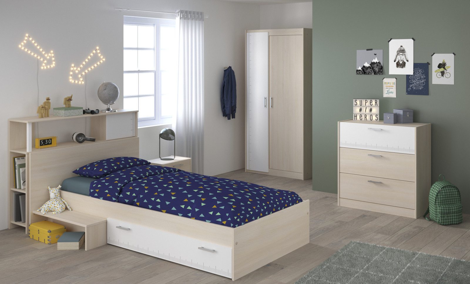 Parisot Jugendzimmer-Set Charly, (Kinderzimmer Komplett-Set, Kleiderschrank, Kommode, Nachttisch, Regal), inkl. Stauraumbett 90 x 200
