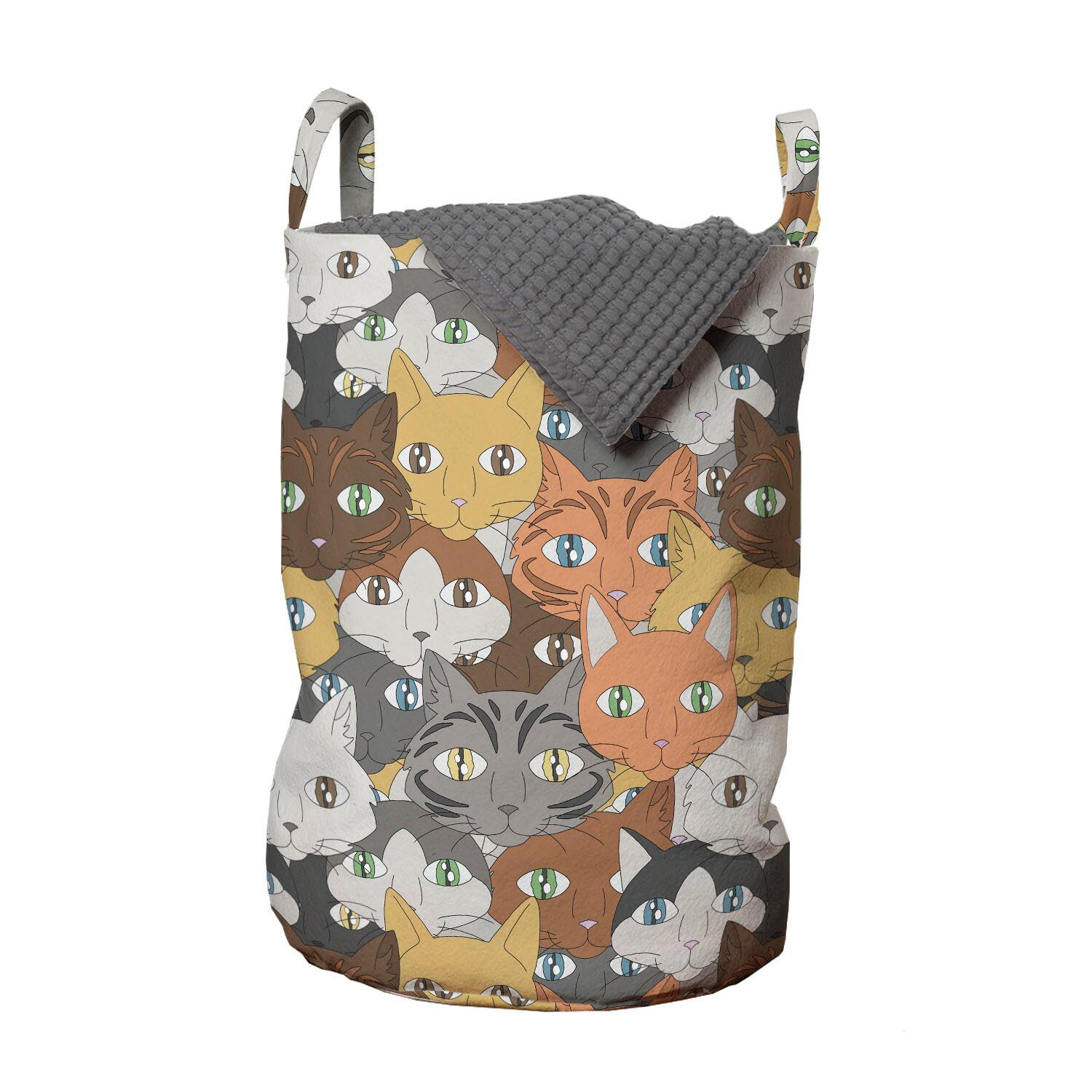 Waschsalons, Faces von Wäschesäckchen Vielfalt Happy Wäschekorb mit Kitten Abakuhaus Katzen Kordelzugverschluss für Griffen