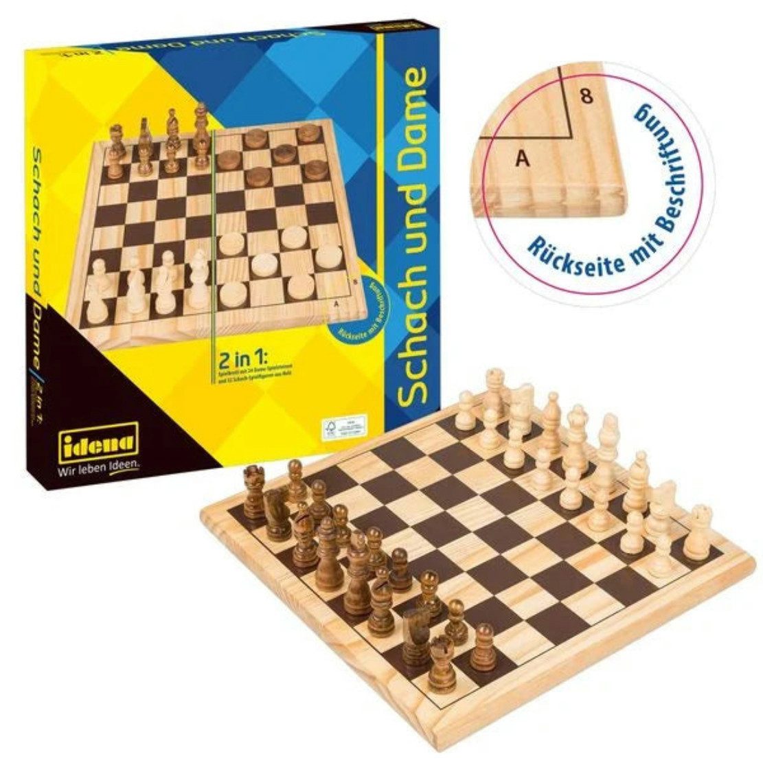 Idena Spiel Idena Brettspiel 2in1 Schach und Dame 28,5x28,5cm