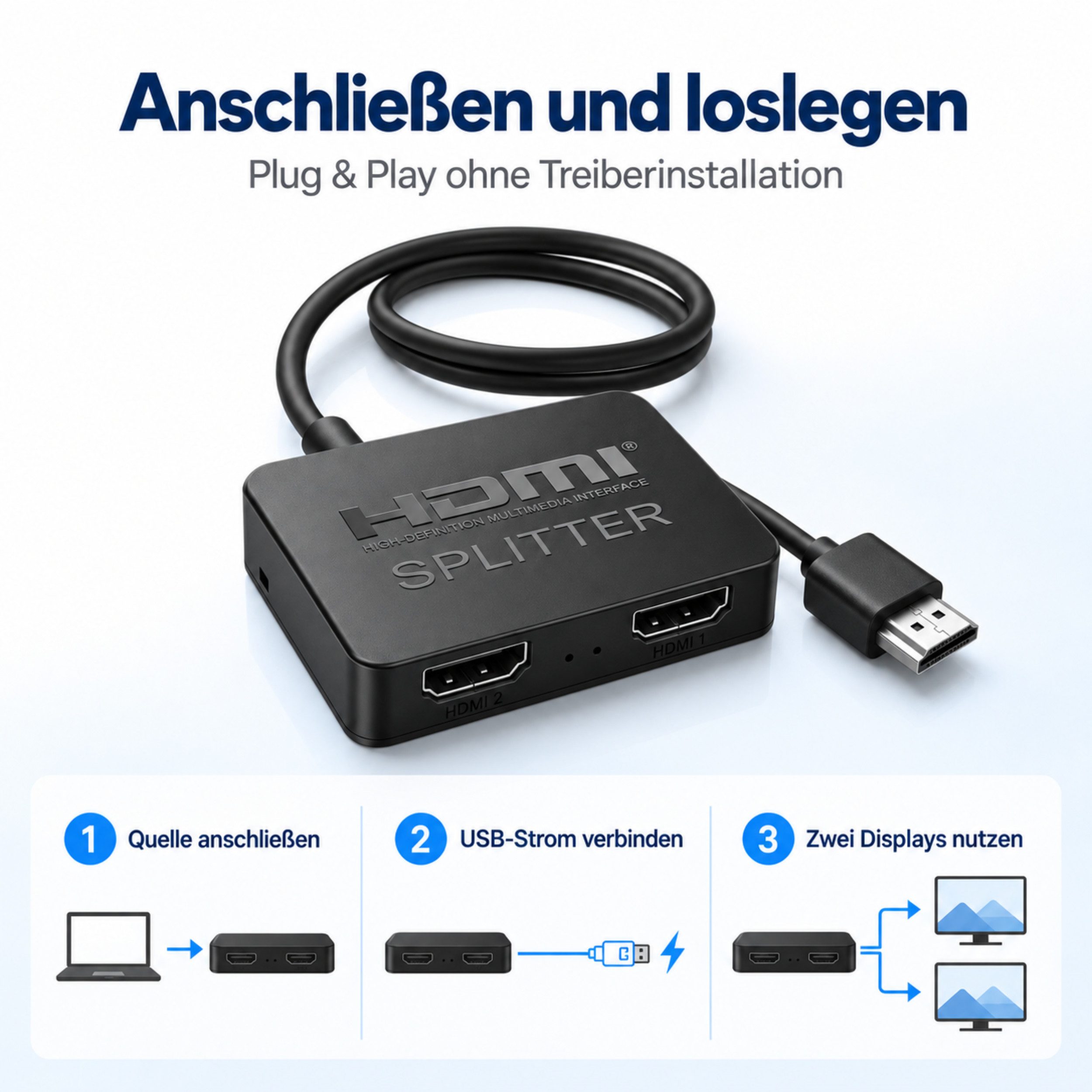PlugUp HDMI-Splitter HDMI-Splitter 1 In 2 Out 4K HDMI 1.4 Verteiler für TV, Laptop & Beamer, 4HDMI 1.4 Splitter, 1 Eingang -> 2 Ausgänge, Bild- & Audioübertragu – Bild 4 von 5