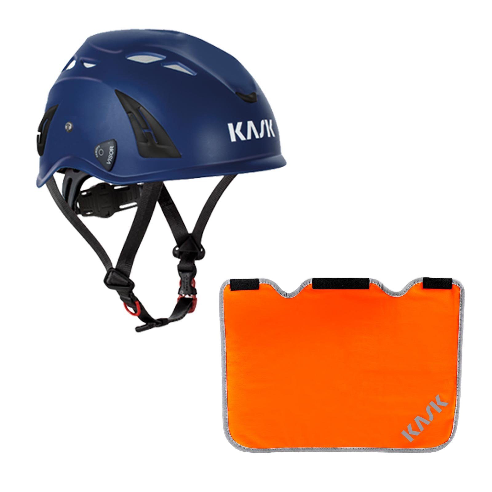 Kask Schutzhelm Plasma AQ Arbeitsschutzhelm + Nackenschutz orange mit BG Bau Förderung dunkelblau