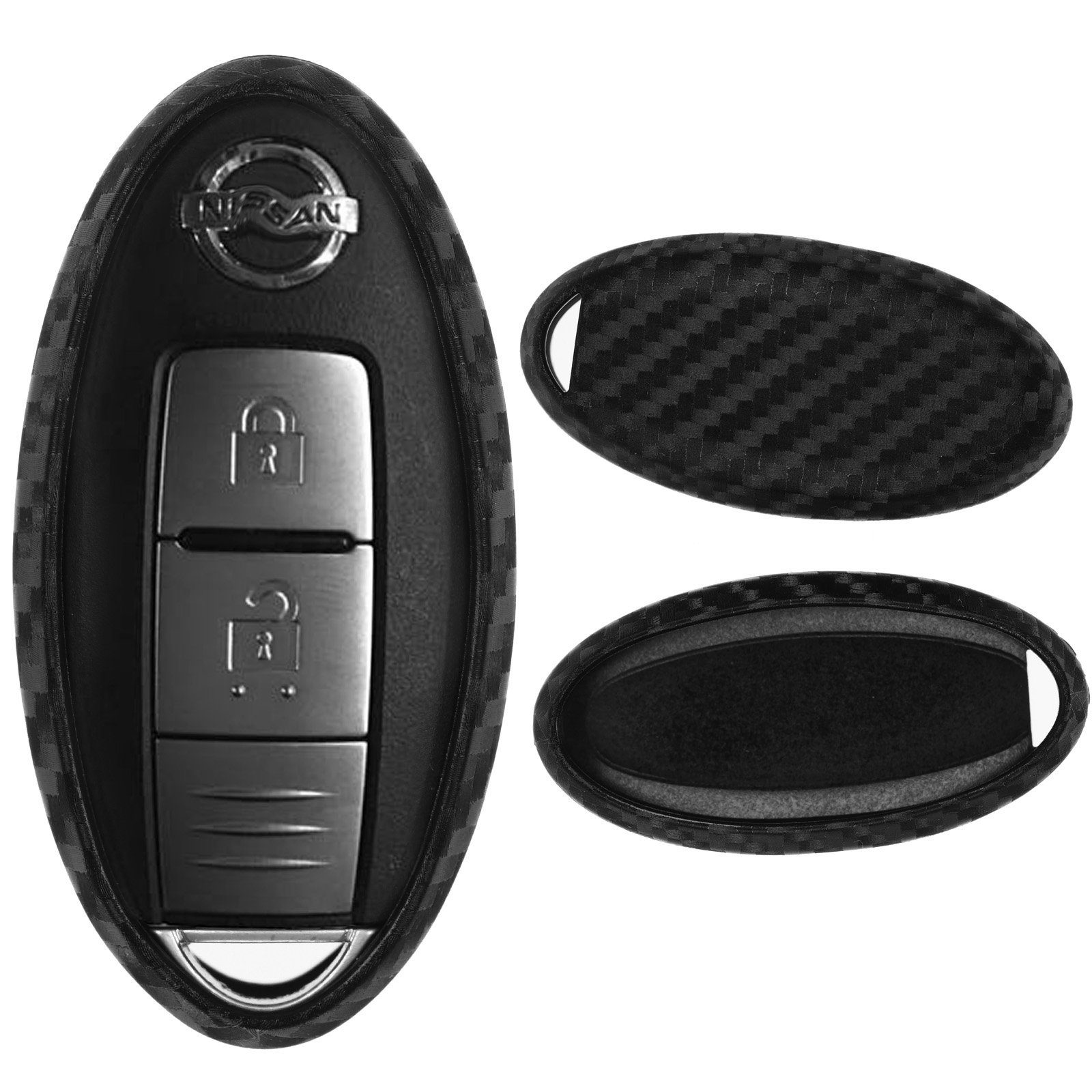 mt-key Schlüsseltasche Autoschlüssel Softcase Silikon Schutzhülle im Carbon Look, für Nissan Juke Micra Note Qashqai Pulsar X-Trail Leaf 3 Knopf KEYLESS