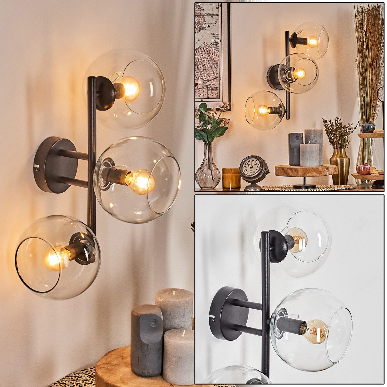 hofstein Wandleuchte Wandlampe aus Metall/Glas in Schwarz/Klar, moderne Leuchte im Retro/Vintage-Design (15 cm), E14, Wohnzimmer