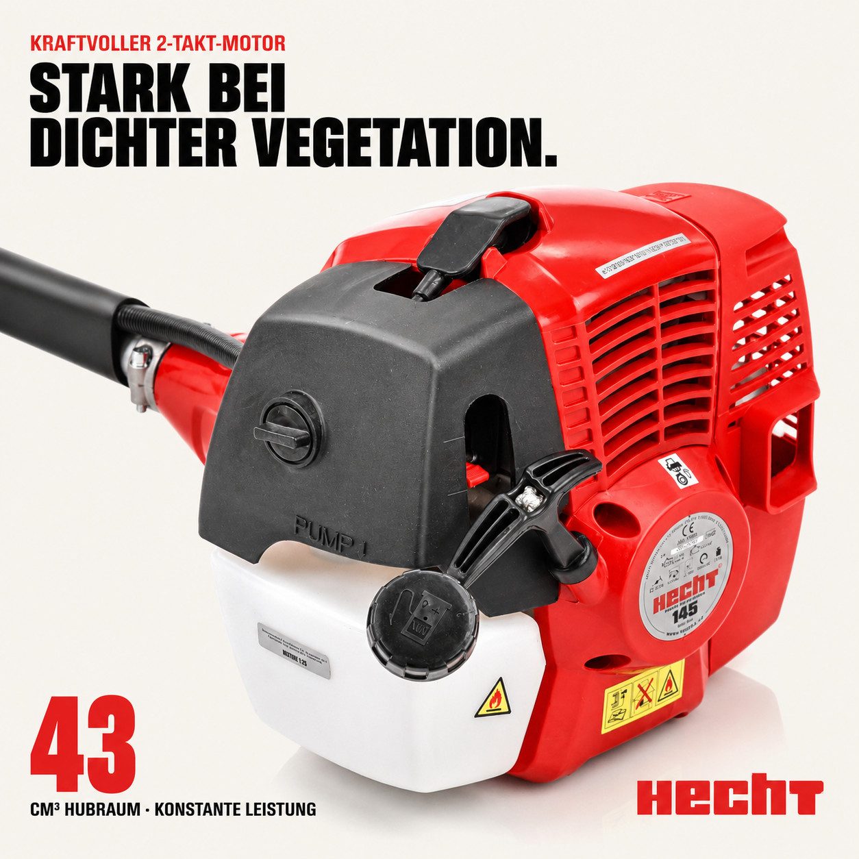 Hecht Benzin-Freischneider Motorsense mit Tragegurt 1,47 kW / 2 PS, 43 cm³, 25,5 cm Arbeitsbreite Messer, 43 cm Arbeitsbreite Faden, 2,4 mm Fadenstärke, Auftipp-Automatik