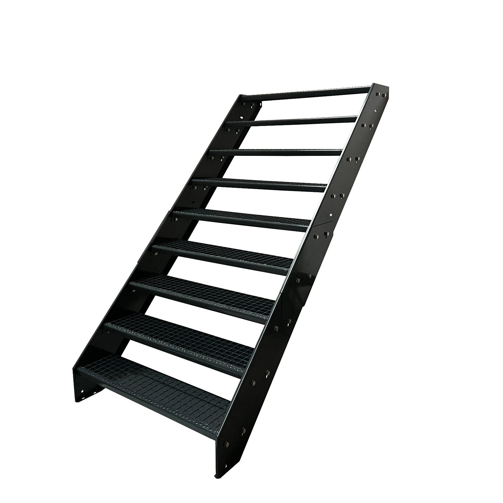 Kaminbau Mierzwa Außentreppe Stahltreppe 9 Stufen Anthrazit mit und ohne Geländer Höhe 171 cm, für Geschosshöhen bis 171 cm, Stufen Gitterroststufen nach DIN 24531, (Stufenbreite und Geländerart wählbar)