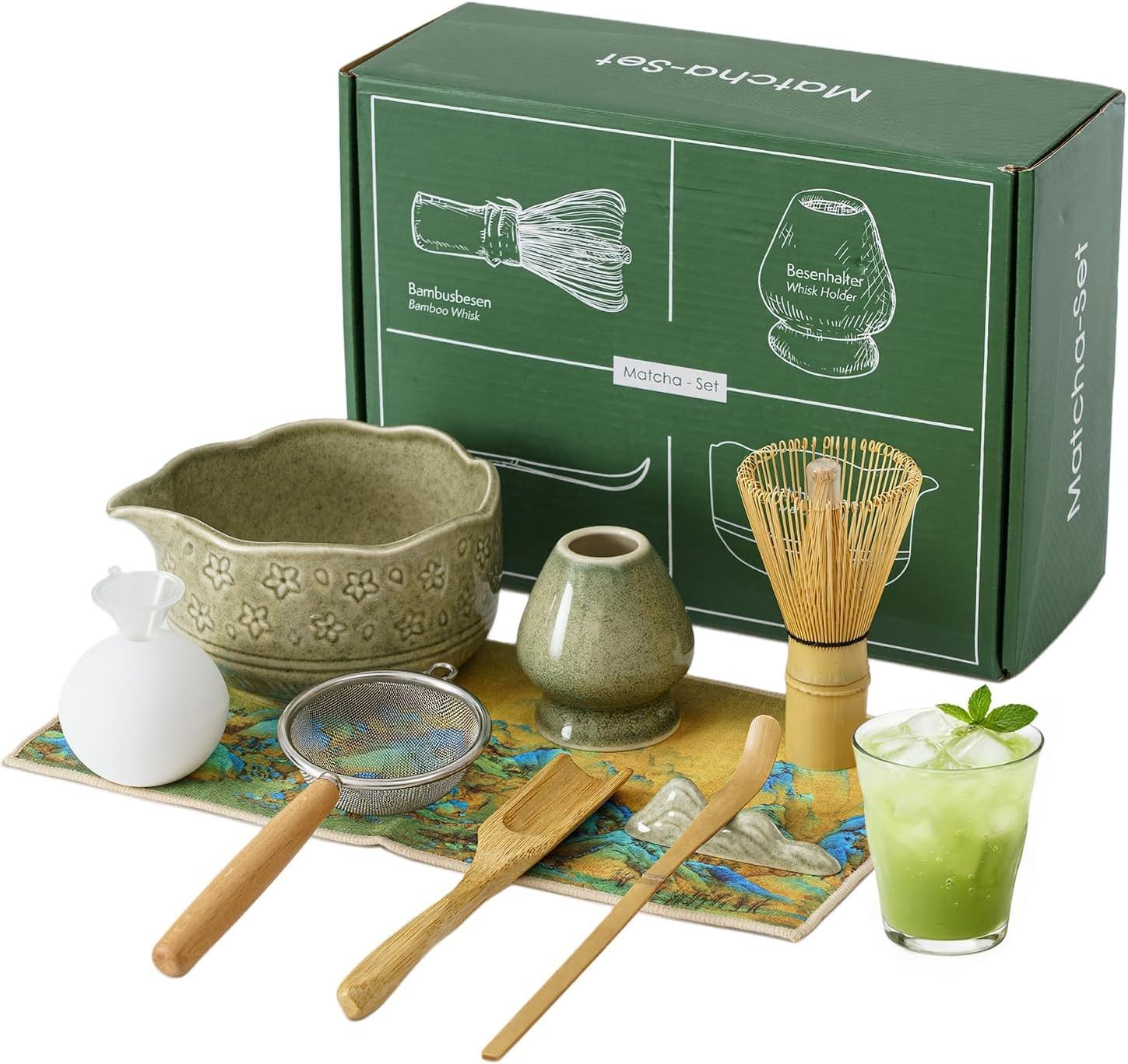 VONATES Teeservice 9tlg. Matcha Set mit Matcha-Schale, Bambus-Besener & Halter, Sieb, Löffel, Tuch, Eisform, aus Bambus und Keramik für Teezeremonie