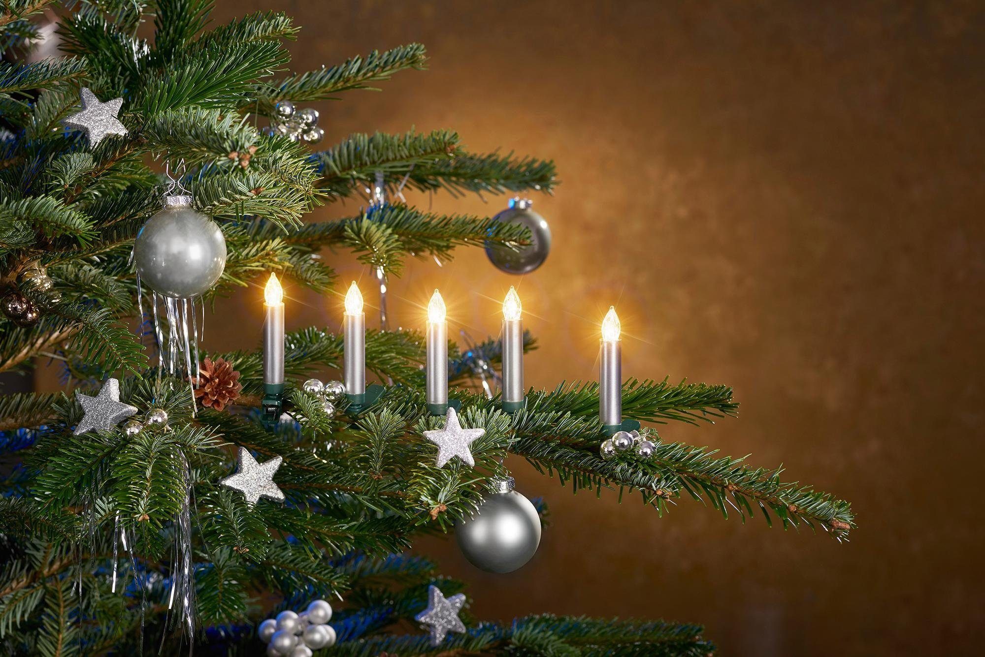 25 Christbaumschmuck, kabellos, Weihnachtsdeko LED-Christbaumkerzen plus Kerzen BONETTI Zubehör silberfarben aussen,