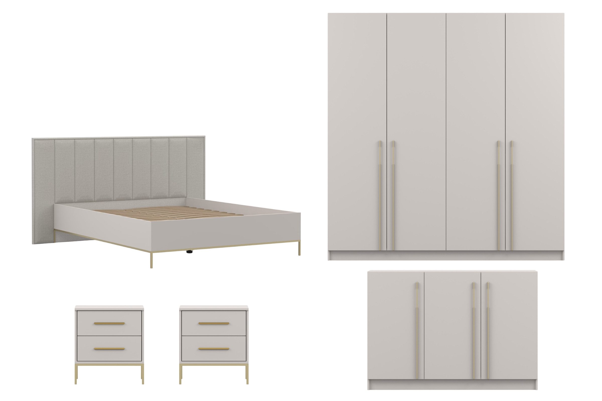 Deine Möbel 24 Komplettschlafzimmer E MIRELO, Möbel-Set Schlafzimmer - Set MIRELO-Kollektion, (Set, 5-tlg., in Kaschmir, mit goldfarbenen Griffen und Füßen), Bett, Kleiderschrank 4-türig / 6-türig, Kommode & 2 Nachttischen