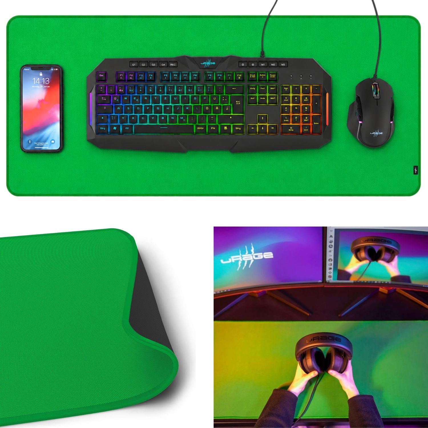 Hama Mauspad Gaming PC Deskpad Mauspad XXL Tastatur + Maus (1x Schreibtischmatte GreenScreen, Greenscreen-Matte), Gamer Mouse-Pad Mouse Pad Matte Unterlage Stoff Gummi Schreibtisch