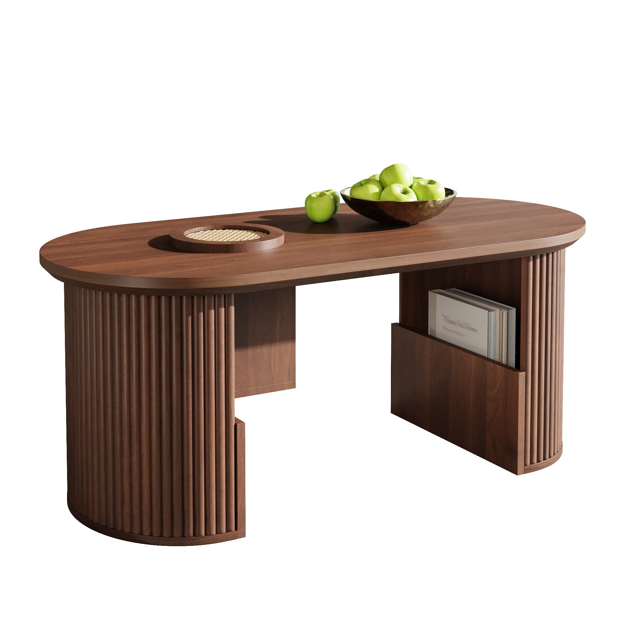 KLAM HOME Couchtisch Anhebbarer Couchtisch Nussbaum mit gebogenen Holzseiten (Mit vertikaler Textur und integrierter Aufbewahrung), Modernes Wohnzimmertisch aus – Bild 2 von 5