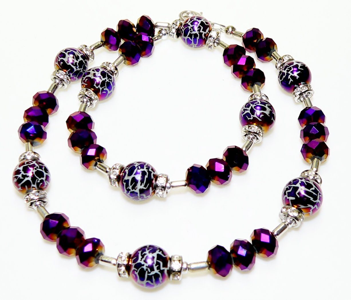 traumschmuck Schmuckset 156b Schmuckset Halskette Ohrringe Perlen Glas Krakelee Lila Strass (incl. Schmuckbox), handgefertigt, Made in Germany