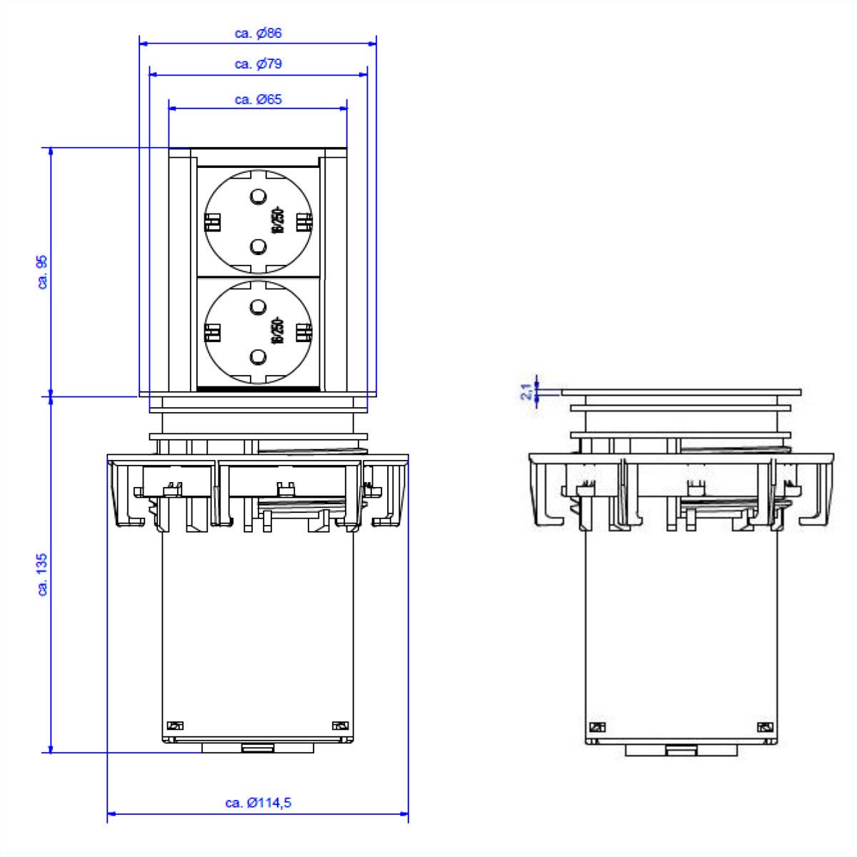 Bachmann ELEVATOR 2x Schutzkontakt Einbau-Tischsteckdosenleiste (Kabellänge 2 m), 928.002