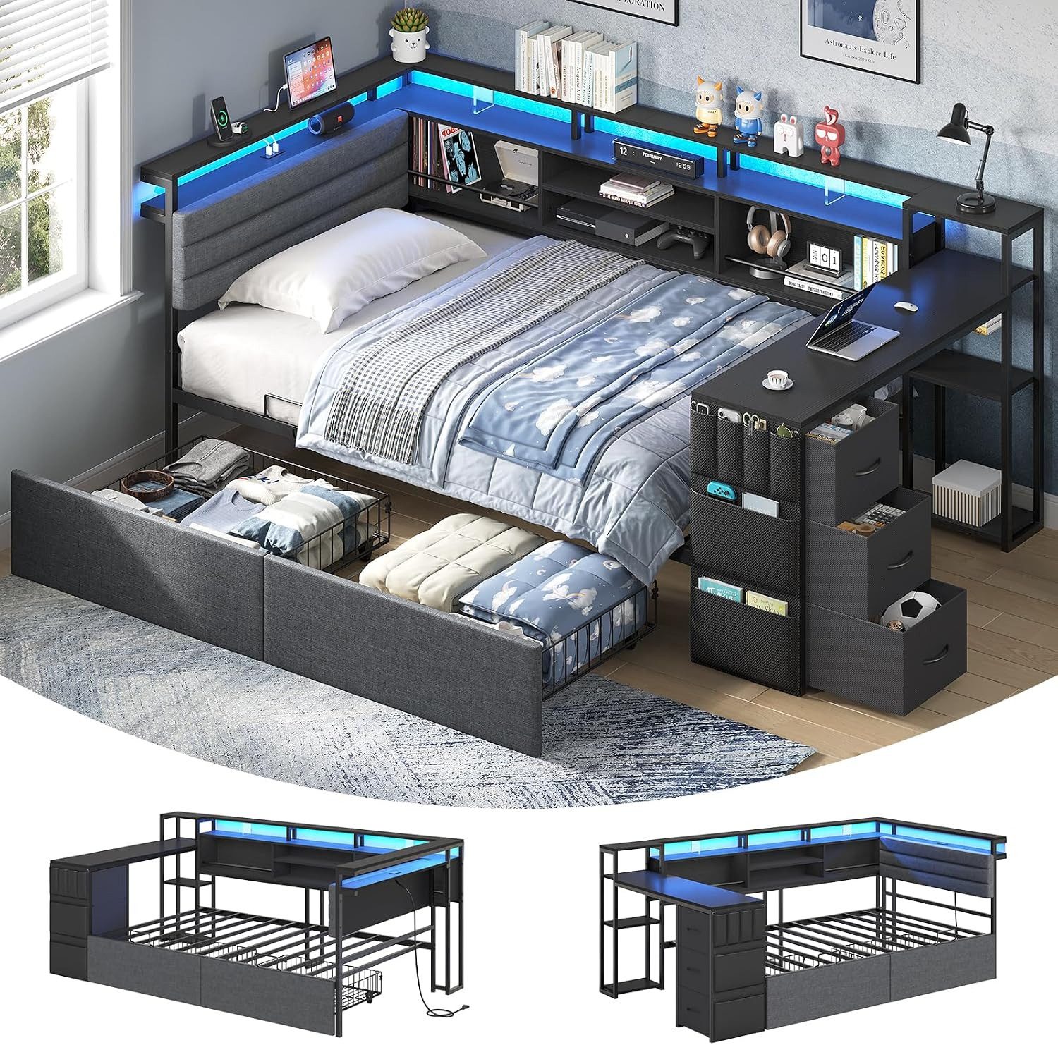 KIMENICH Jugendbett mit LED‑Beleuchtung, Ladestation und integriertem Schreibtisch (Ohne Matratze), Tagesbett mit großen Schubladen, Polsterbett, 90x190cm