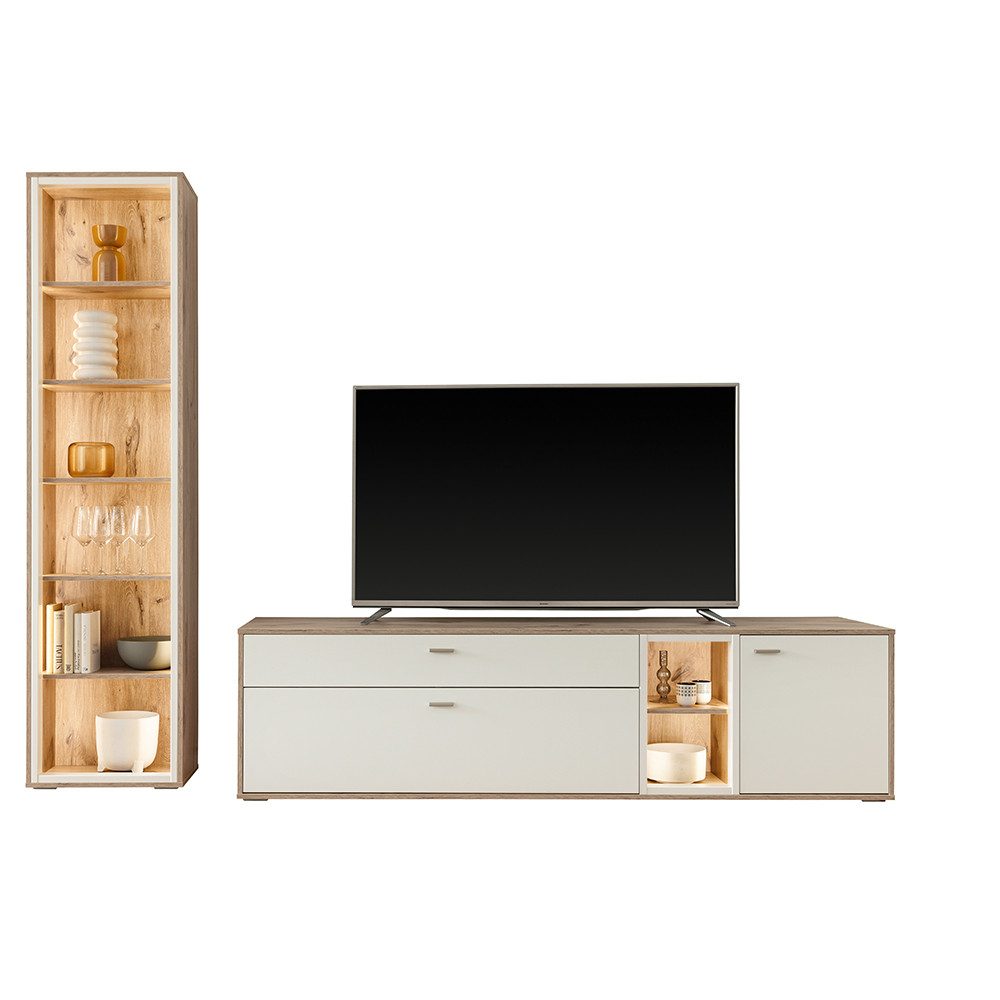 Lomadox Wohnwand SAGUNTO-05, (2-St., Vitrine Lowboard), mit Beleuchtung, in Eiche und weiß