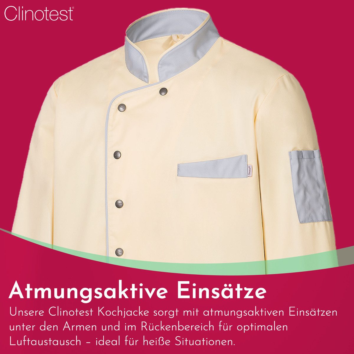 Clinotest Kochjacke langarm - 95 Grad waschbare, kochfeste Kochjacken ohne Einlaufen (1-St) Kochhemd aus 65% Polyester, 35% Baumwolle, mit Druckknopfverschluss