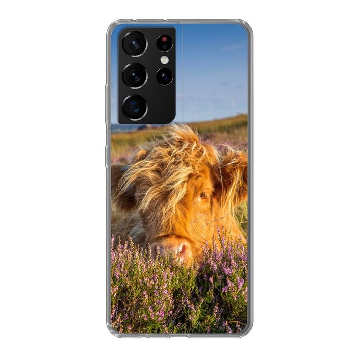 MuchoWow Handyhülle Schottische Highlander - Heide - Gras - Tiere Phone Case Handyhülle Samsung Galaxy S21 Ultra Silikon Schutzhülle