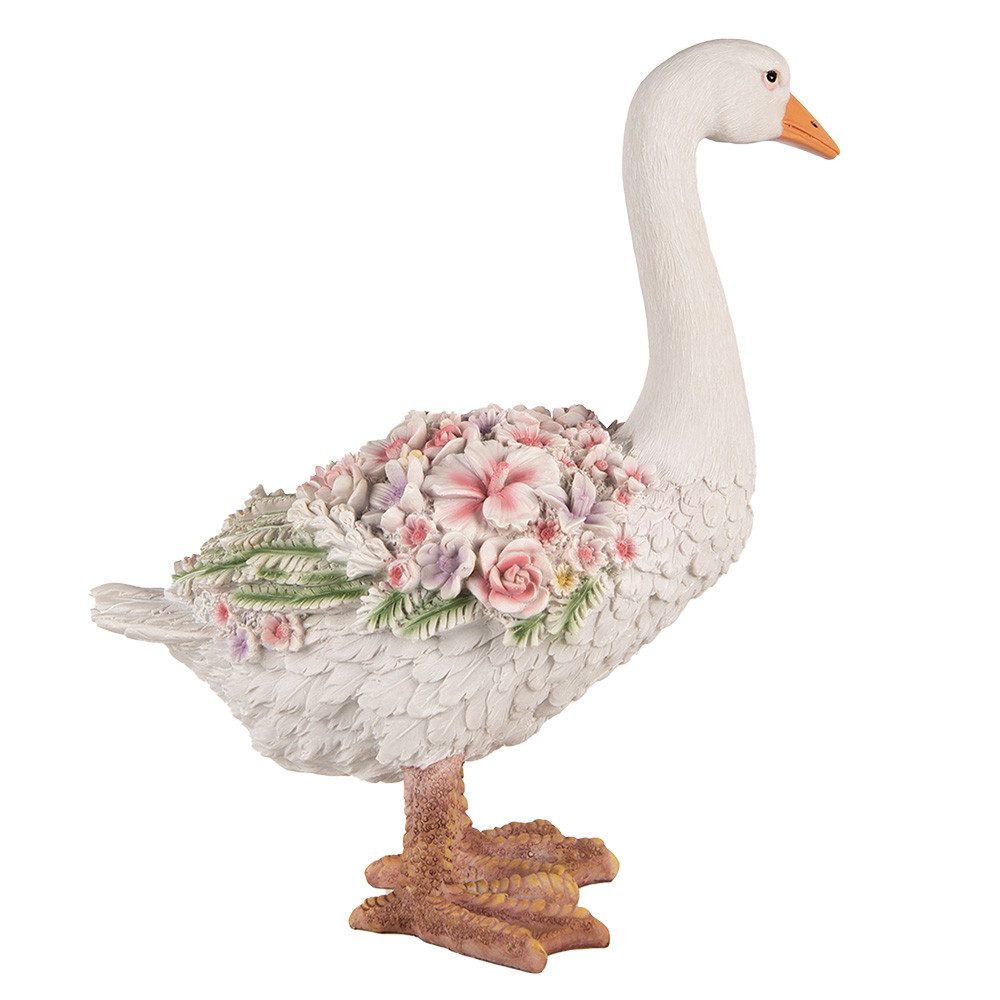 Clayre & Eef Tierfigur Große Dekofigur Gans mit Blumen – 45 cm, Weiß & Rosa, Polyresin
