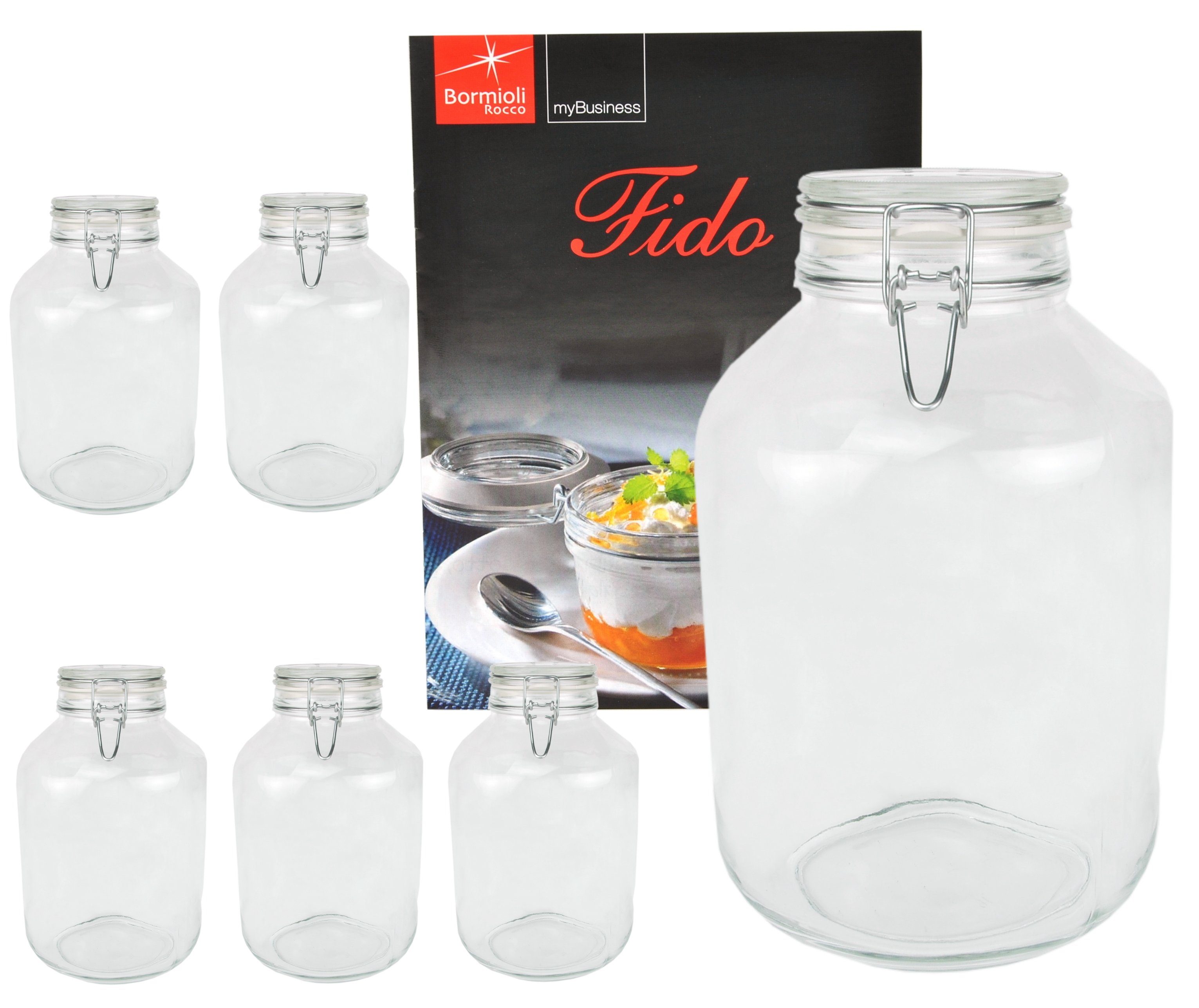 MamboCat Vorratsglas 6er Set Einmachglas Bügelverschluss Original Fido 4,0L incl. Bormioli Rezeptheft