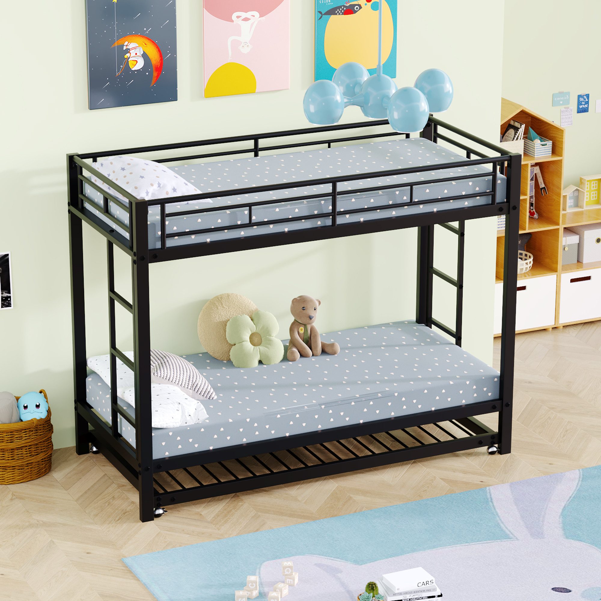 Flieks Etagenbett, Metallbett Hochbett Kinderbett 90x200cm mit Ausziehbett 90x190cm