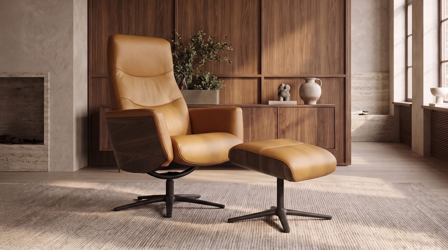 KAWOLA Relaxsessel VANITAS Leder cognac Nussbaumfinish Komfort Drehsessel, 360° drehbar, Relaxfunktion, Kopfstütze, inklusive Fußhocker