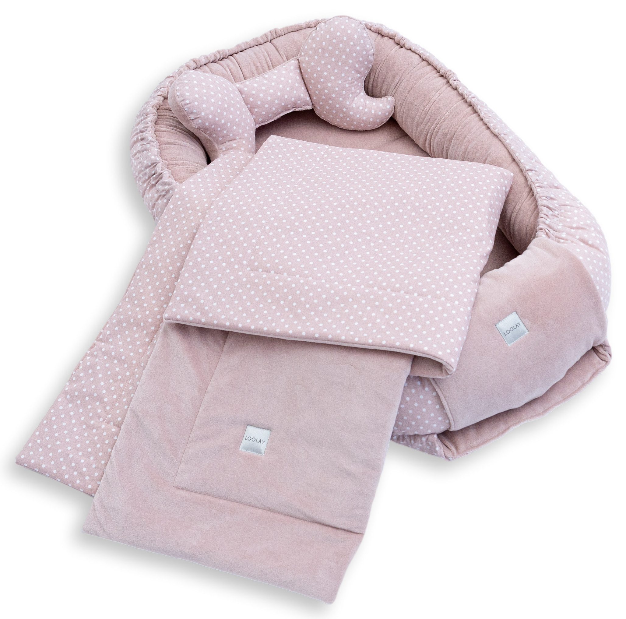 Loolay Kuschelnest BABYNEST 5 TLG. Set PREMIUM Babyausstattung Baumwolle & Samt Velours, (MUSTER: ROSA Samt Velour/ Mini PUNKTE Rosa, 5-tlg., Liebevoll handgefertigt Nestchen! Geborgenheit Komfort für Neugeborene), Premium Ausstattung - 100% Europäische Stoffe und Kleinserien-Nähen!