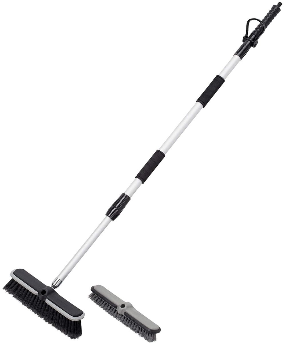 WERKZEYT Reinigungsbürste Werkzeyt Waschbürste 160 cm Teleskopstiel, 2 Bürstenköpfe, Gartenschlauchanschluss, (Set), Zwei Bürstenköpfe, Gummischutz, Soft-Griff, Sperrventil