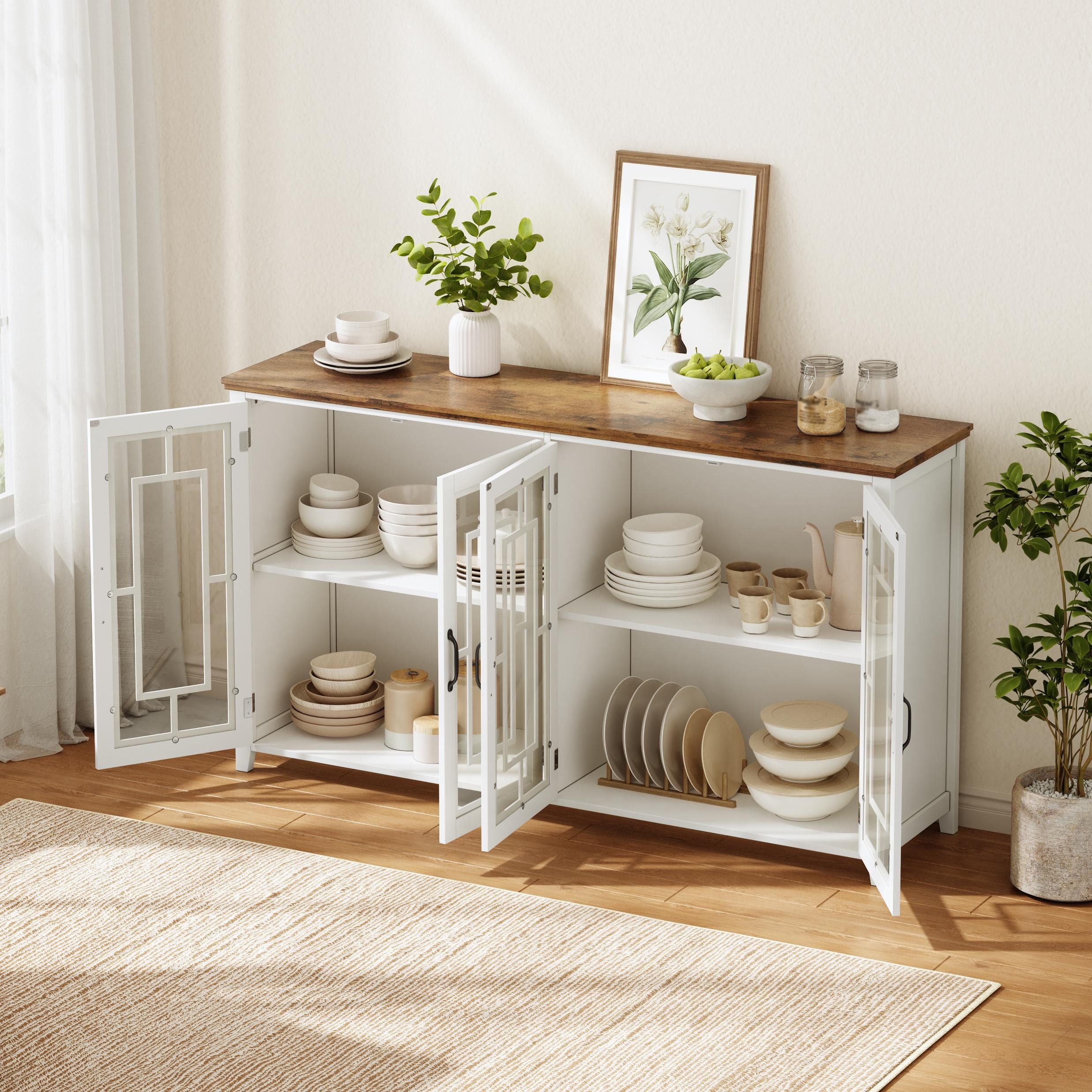 Flieks Sideboard Kommode mit 4 Glastüren und Arbeitsplatte in Holzoptik (160x40x86 cm, 1 St., Schrank für Esszimmer, Wohnzimmer und Schlafzimmer), Mehrzweckschrank Küchenschrank Multifunktionsschrank Weiß