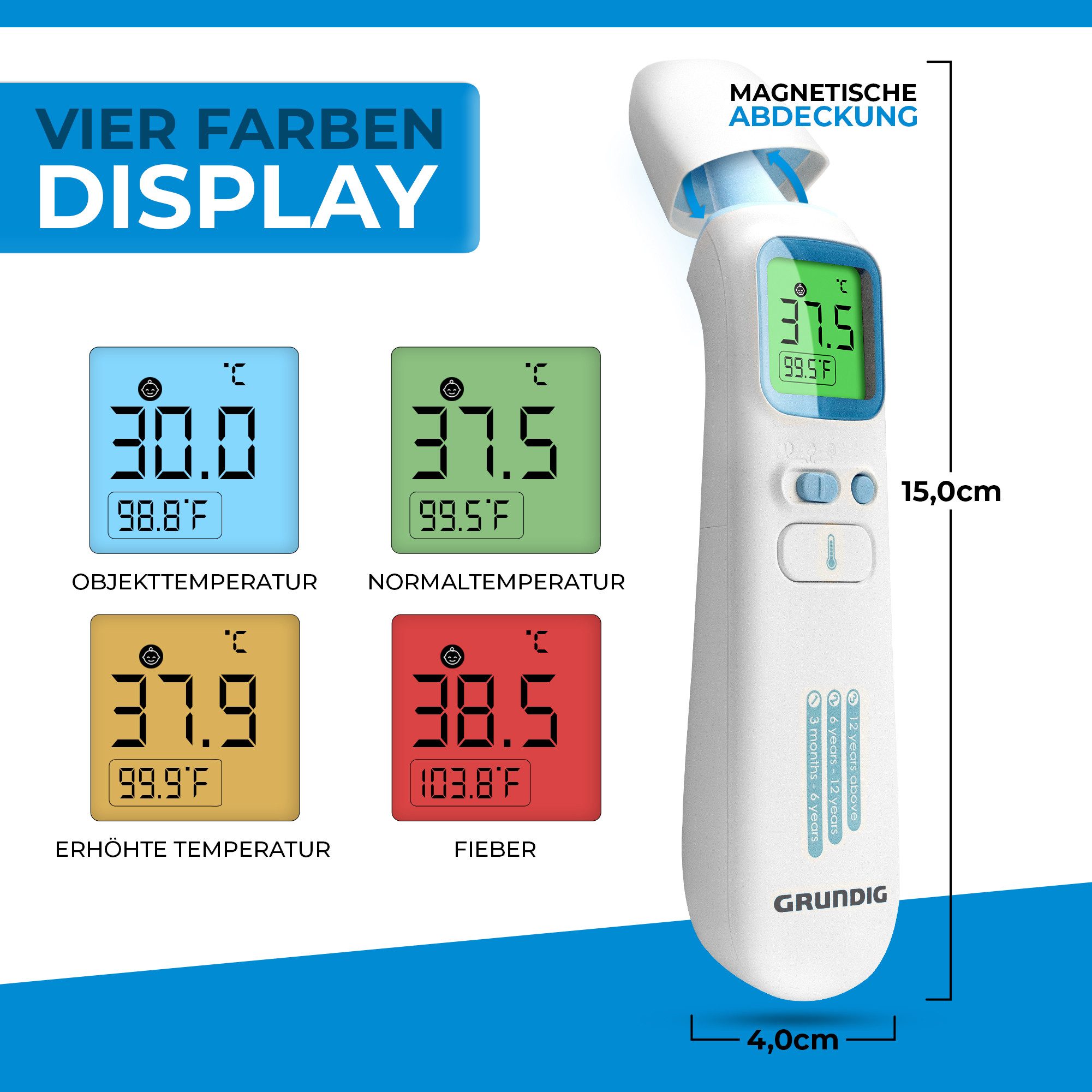 Grundig Infrarot-Fieberthermometer Thermometer Testsieger hochpräzise kontaktlos, ohne Batterien, hochpräzise kontaktlos und digital Fieber an Ohr Stirn und Objekten