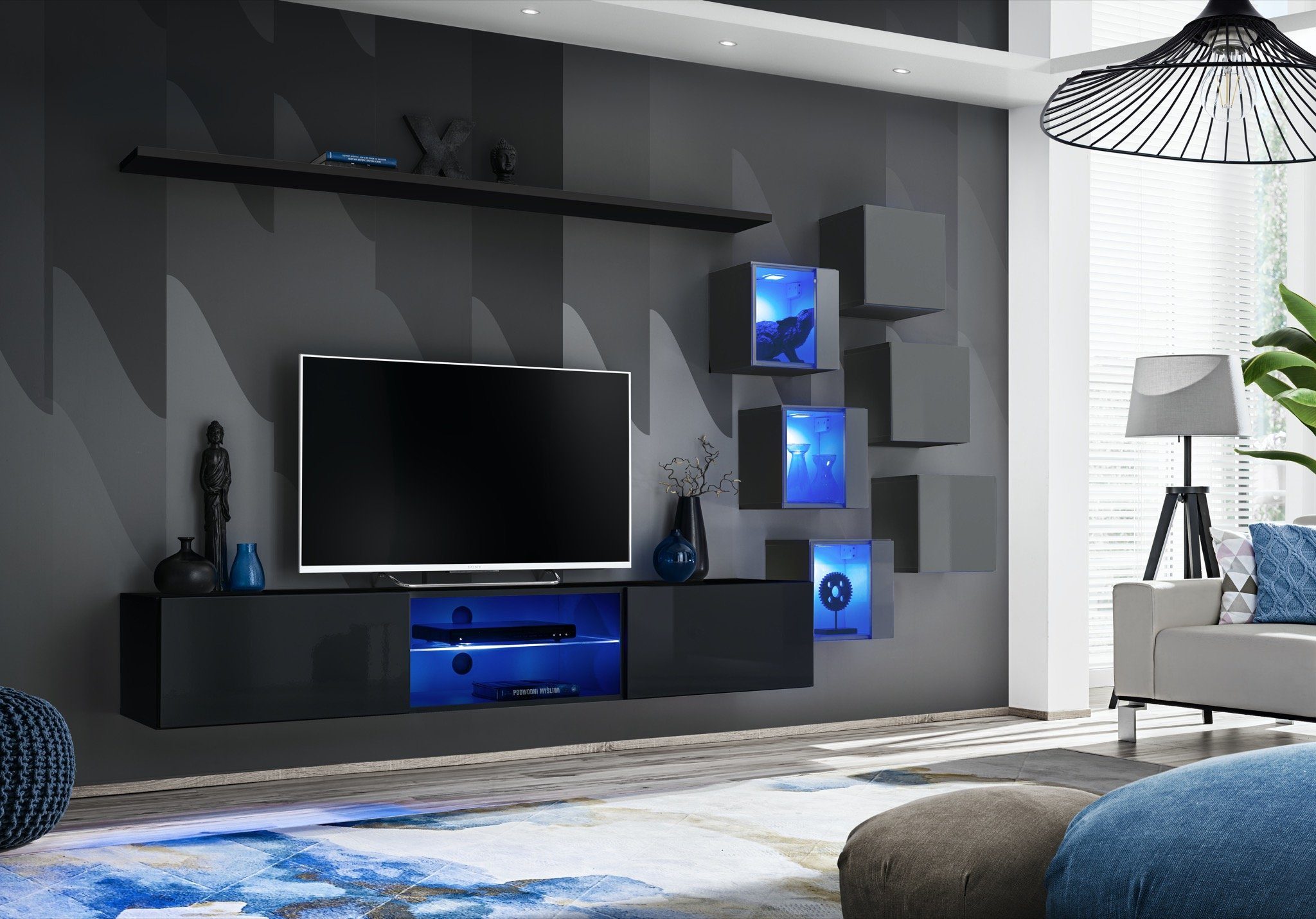 JVmoebel Wohnwand Luxus Wohnwand TV-Ständer Garnitur Modern Designer Regale Komplett, (8-St., TV Ständer + 6x Wandschrank + Wandregal), LED beleuchtet