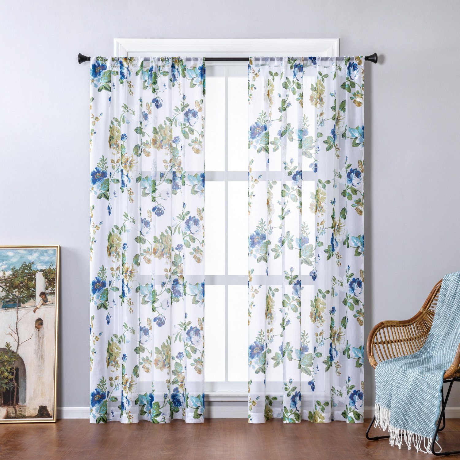 Gardine, HOMEIDEAS, Stangendurchzug (1 St), Halbtransparente Blumen Vorhang Blau